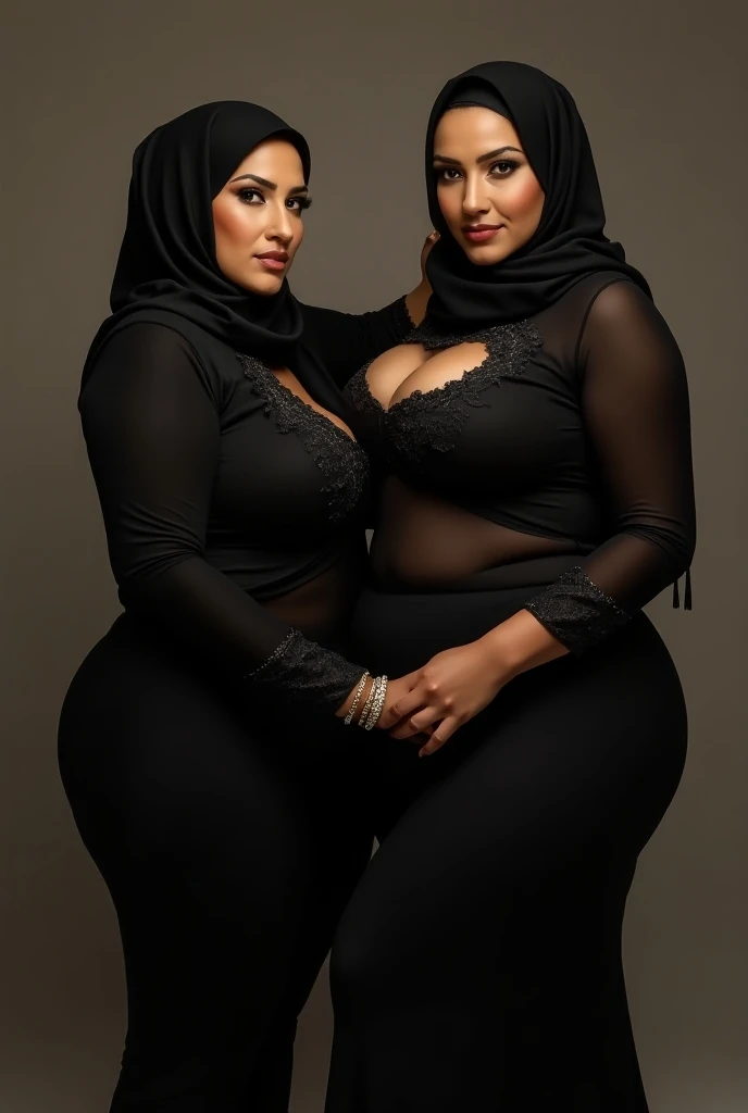 RAW, Best quality, high resolution, masterpiece: 1.3), two beautiful Malay women wearing hijap:0.8),((big breasts)), perfect nose, perfect lips, perfect eyes, detail :1.2), beautiful face, face details, fullbody , two women wearing hijabs are standing on the sidewalk, wearing long baju kurung, black leggings, full body women, thin waist and thick thighs, symmetrical!!, beautiful girls, two girls, beautiful women