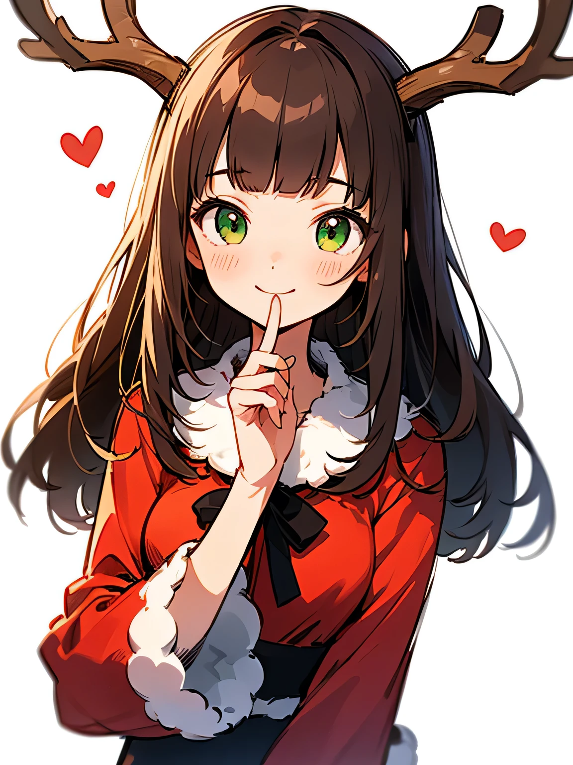artist: qysthree, best quality, masterpiece, 1girl, brown hair, solo, yawning, animal ears, blue eyes, one eye closed, hat, long hair, heart, hair ornament, pajamas, off shoulder, open mouth, collarbone, signature, animal ear fluff, santa hat, sleepy, pink shirt, bare shoulders, upper body, cat ears, white background, tears, looking at viewer, bangs, long sleeves, blush, hair between eyes, ;o, shirt, hairclip, heart hair ornament, sleeves past wrists, choker, hand up