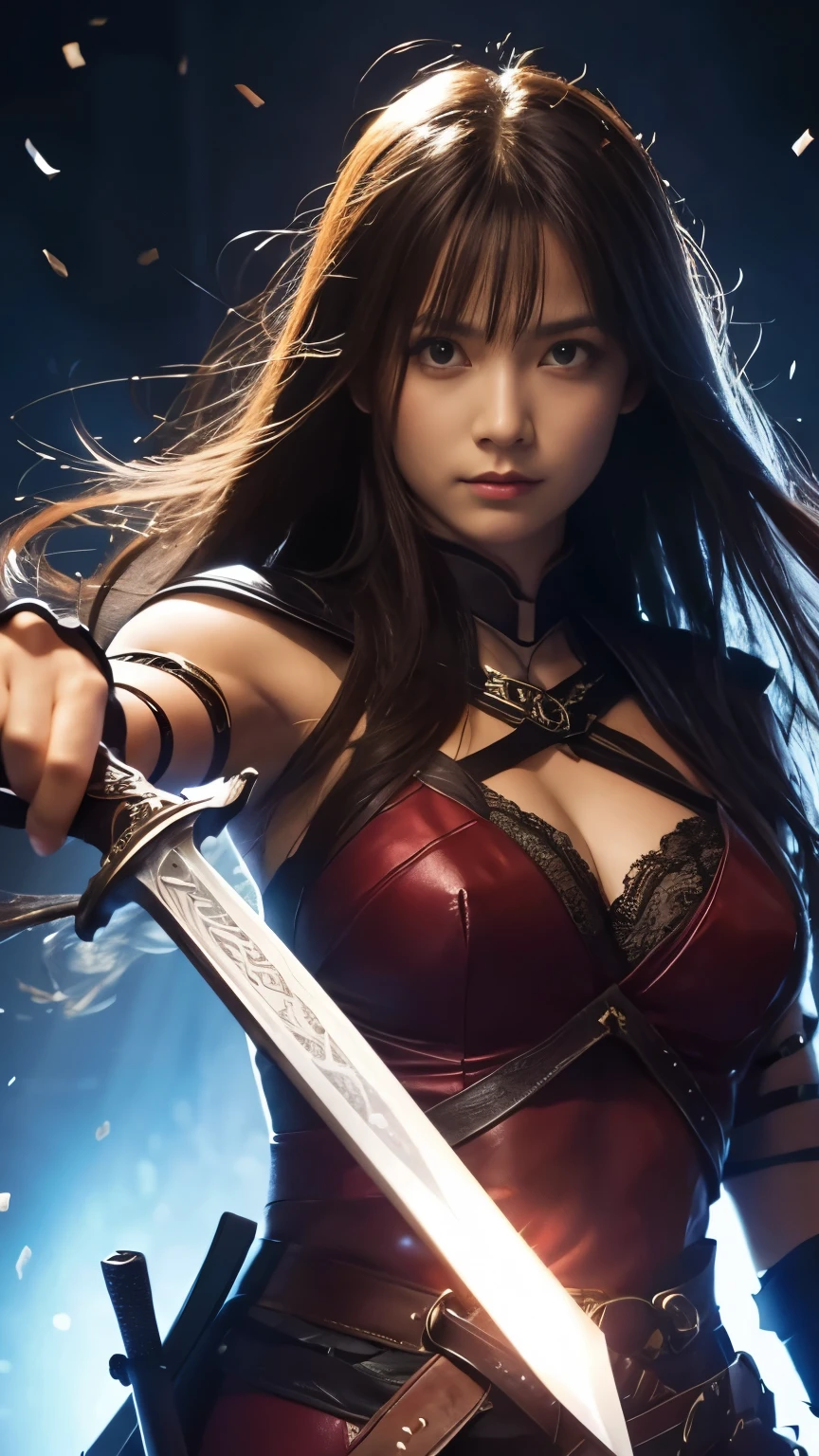(1 Mechanical Girl)、(Mystical expression)、top-quality、masterpiece、超A high resolution、(Photorealsitic:1.4)、Raw photo、女の子1人、Fight mutants、glowy skin、(((1 Mechanical Girl)))、(Red Metal Bodysuit)、(Fight goblings、ogre、Fierce battle with Osite、Beautiful forest background of fierce battle with alien night demon beast)、(Small LED)、((super realistic details))、vertical giant monster background),globalillumination、Shadow、octan render、8K、ultrasharp、Colossal tits、Raw skin exposed in the cleavage、red metal、Details of complex ornaments、Japan details、highly intricate detail、Realistic light、(Mystical expression),CG Society Trenlow Eyes、Eyes shining towards the camera、Mechanical marginal blood vessels connected to neon detail tubes)、(Wires and cables connecting to the head)、Small LED、,Mechanical thighs、Toostock、(Hands are also made of machines.traces on the cliff)、机器人、