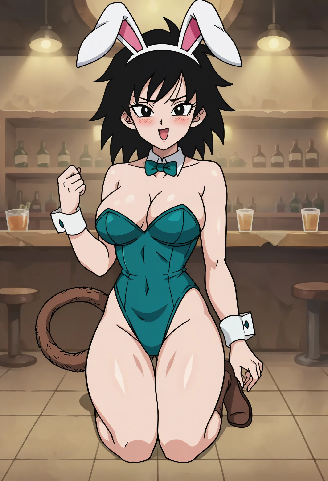 source_anime, score_9, score_8_up, score_7_up, anime screencap, absurd res, official style, gine, black hair, medium hair, spiked hair, happy, blushing, black eyes, playboy bunny, mansion, indoors, tail through clothes, monkey tail, looking at the viewer, damaged playboy bunny, exposed breasts