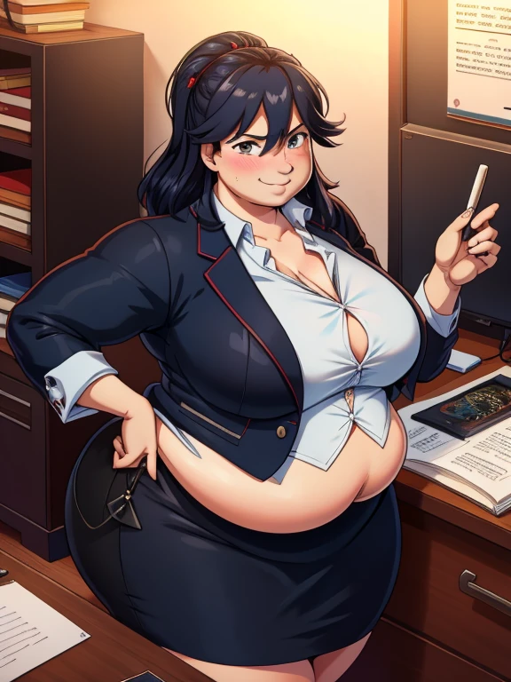 art by kipteitei, 1girl, dark green hair , hair in pony tail, maki zenin from the anime jujutsu kaisen, big plump belly, huge belly, huge belly, pretty face, nose, lips, beautiful eyes, circle glasses, (best quality, masterpiece, 4k, sharp focus), professional photograph, sharp focus, dramatic, award winning, cinematic lighting, octane render, unreal engine, volumetrics dtx,