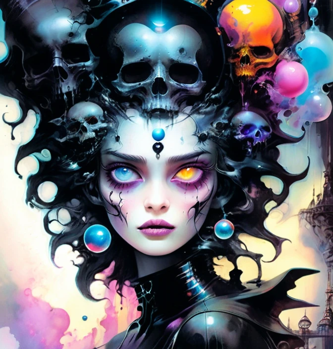 {-erro_de_anatomia:1.0} woman 30 years old, witchcraft, magician,magic clothes, where poison potions and vines abound, a woman (perfect hands), short black hair (black hair), (bangs), (purple eyes), looks at you amidst a pile of bones and skulls. Indifferent look , merciless. among the skulls, dancing witk a demon, Angry face, dinamic poses, egoist smile, upper body, sitting on the ground