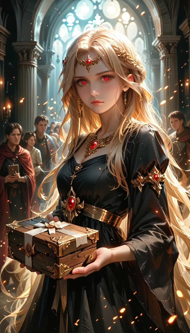 detailed portrait of a beautiful young woman, greek goddess pandora, long blonde hair, cute, red eyes, holding a black wooden box, A box full of darkness, greek mythology, dark night, black dress, detailed facial features, palace corridor, night, darkness, realistic, box opens, photorealistic, ultra-detailed, 8k, best quality, masterpiece, dramatic lighting, warm color palette, intricate ornate jewelry, dramatic pose, clothed in an aura of darkness