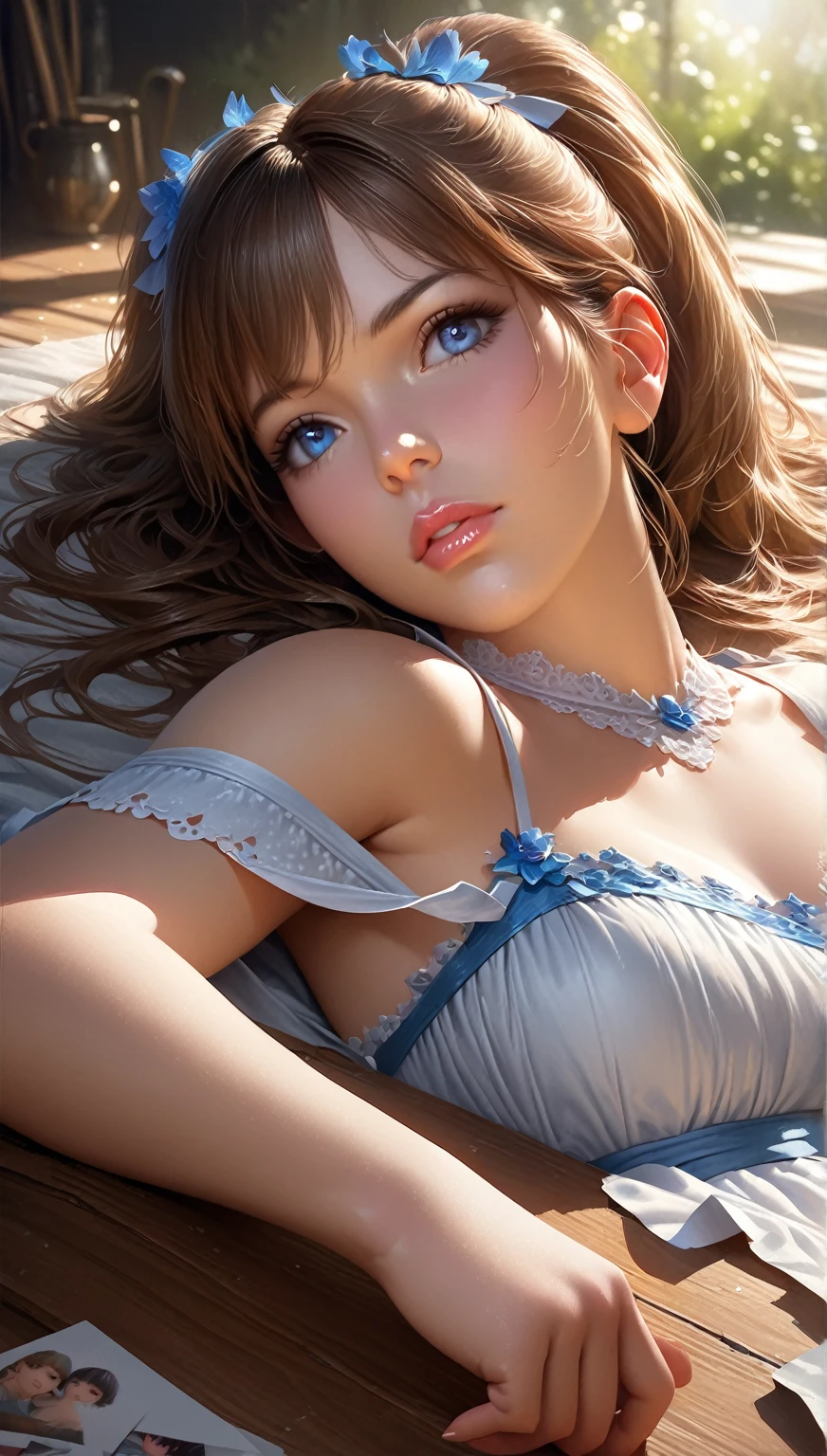 (1girl:1.3), cinematic light, (masterpiece, top quality, best quality, official art, beautiful and aesthetic:1.3), extreme detailed,highest detailed,(ultra-detailed),((an extremely delicate and beautiful)),
From above,(( lying on bed)),
solo, breasts, silky long hair, (brown hair), Rose flowers scattered all over the bed,
lightblue-Lace-nightware, , open breast,