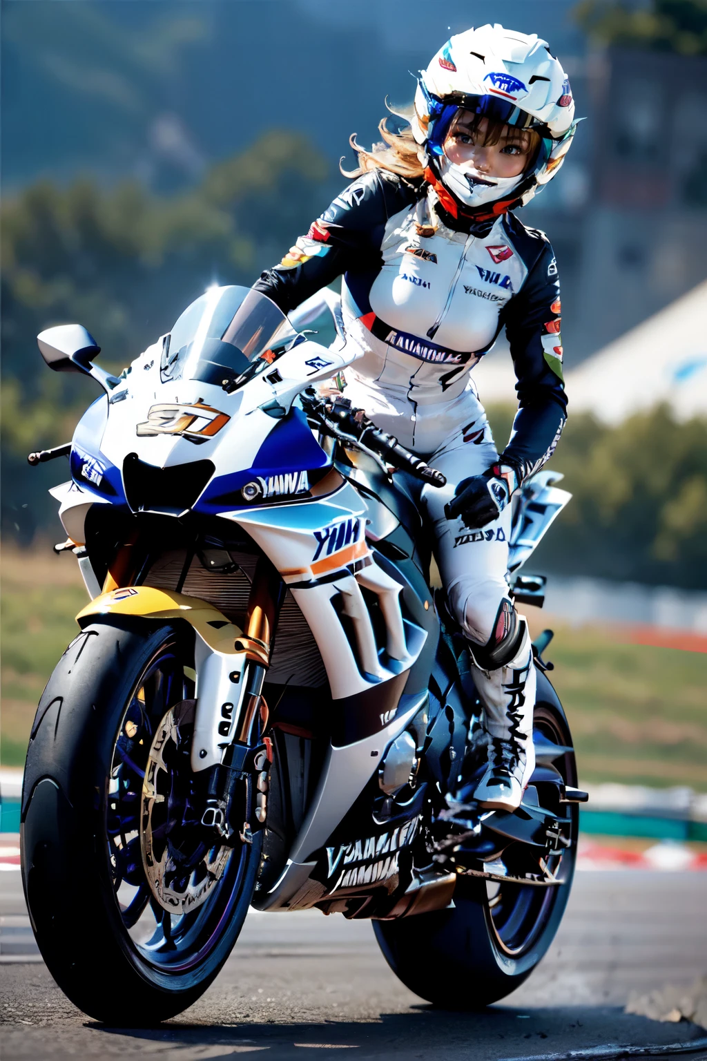 Yamaha YZF R1M, The Racer Girl, best quality, Ultra Wide Angle, small breasts,  Brown Skin, wearing Alpine Star racing boots, タイヤレター