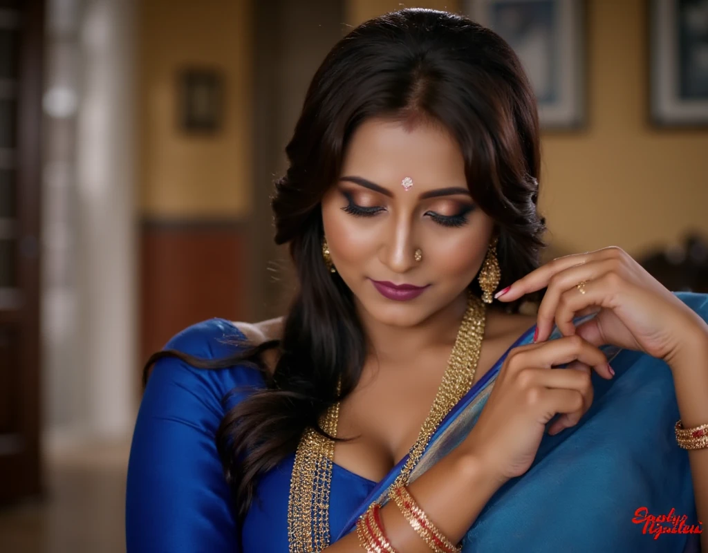 The image is a high-resolution photograph capturing a woman in a traditional Indian setting. The subject is a young woman with a medium skin tone, straight dark brown hair cascading down her back, possibly of South Indian ethnicity, high ponytail with loose strands framing her face. She has a small bindi (a decorative mark) on her forehead, styled in a traditional Indian attire. She has a voluptuous figure with large breasts, adorned with intricate embroidery. The blouse is paired with a deep blue, high-waisted blouse that highlights her ample bust. This is a high-resolution photograph featuring a woman of South Asian descent, seducing pose, magenta, with a medium skin tone and long, bespectacled, and she has applied a touch of red sindoor, dark hair cascading around her. Her eyes are closed, Maria, draped elegantly over a black blouse that accentuates her medium-sized breasts and hourglass figure., dark brown hair cascading down her back. Her facial features are striking, hinting at a modest, wavy black hair cascading over her shoulders. She is wearing a vibrant pink blouse with white floral patterns and a white saree draped over her shoulder. The image is a high-resolution photograph of a woman, Her face is similar to 1girl Maria, Make her same as Maria