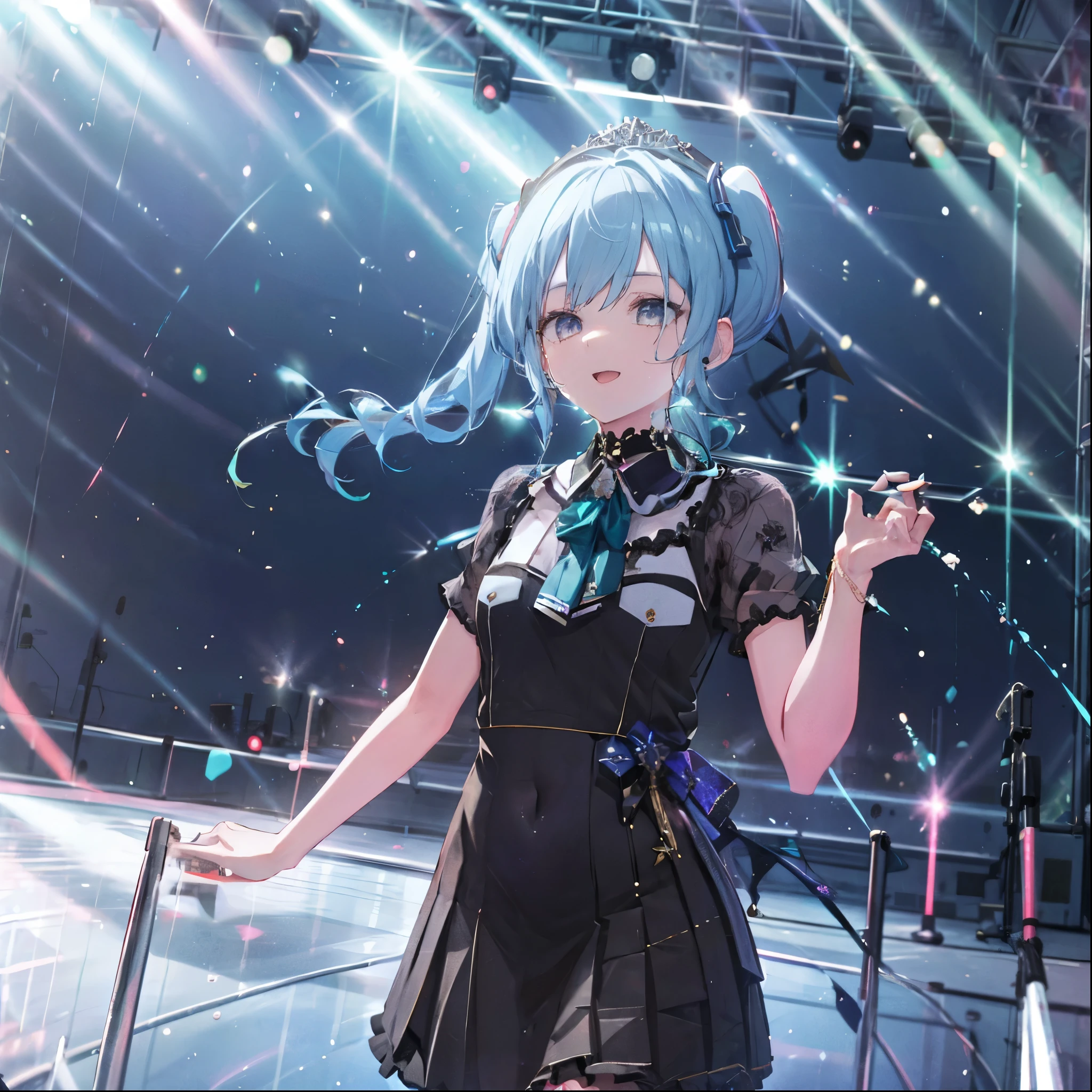 masterpiece, best quality, absurdres, 1girl, solo, Hoshimachi Suisei, light blue hair, blue eyes, happy, smile, parted lips, slender, sidelocks, sideponytail, toned, 
idol, idol clothes, hololive idol uniform, bowtie, blue skirt, brooch, dress, concert, on stage, frilled skirt, jewelry, layered dress, short sleeves, tiara, midriff, thighhighs,shout,(open_mouth:1.3),singing,(angry:0.6), (glare:0.6), idle_live,audience_landscape,light up_girl,solo,shiny_effects,smile。joy,happy,(slanted_eyes:1.3),navel,