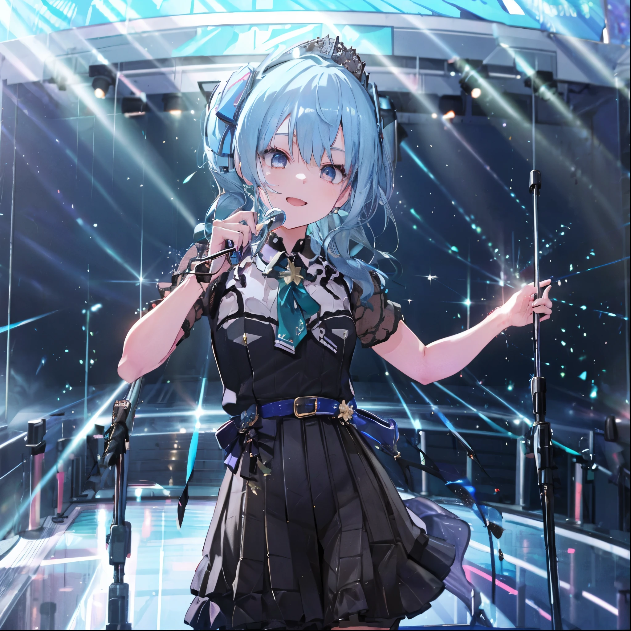 masterpiece, best quality, absurdres, 1girl, solo, Hoshimachi Suisei, light blue hair, blue eyes, happy, smile, parted lips, slender, sidelocks, sideponytail, toned, 
idol, idol clothes, hololive idol uniform, bowtie, blue skirt, brooch, dress, concert, on stage, frilled skirt, jewelry, layered dress, short sleeves, tiara, midriff, thighhighs,shout,(open_mouth:1.3),singing,(angry:0.6), (glare:0.6), idle_live,audience_landscape,light up_girl,solo,shiny_effects,smile。joy,happy,(slanted_eyes:1.3),navel,