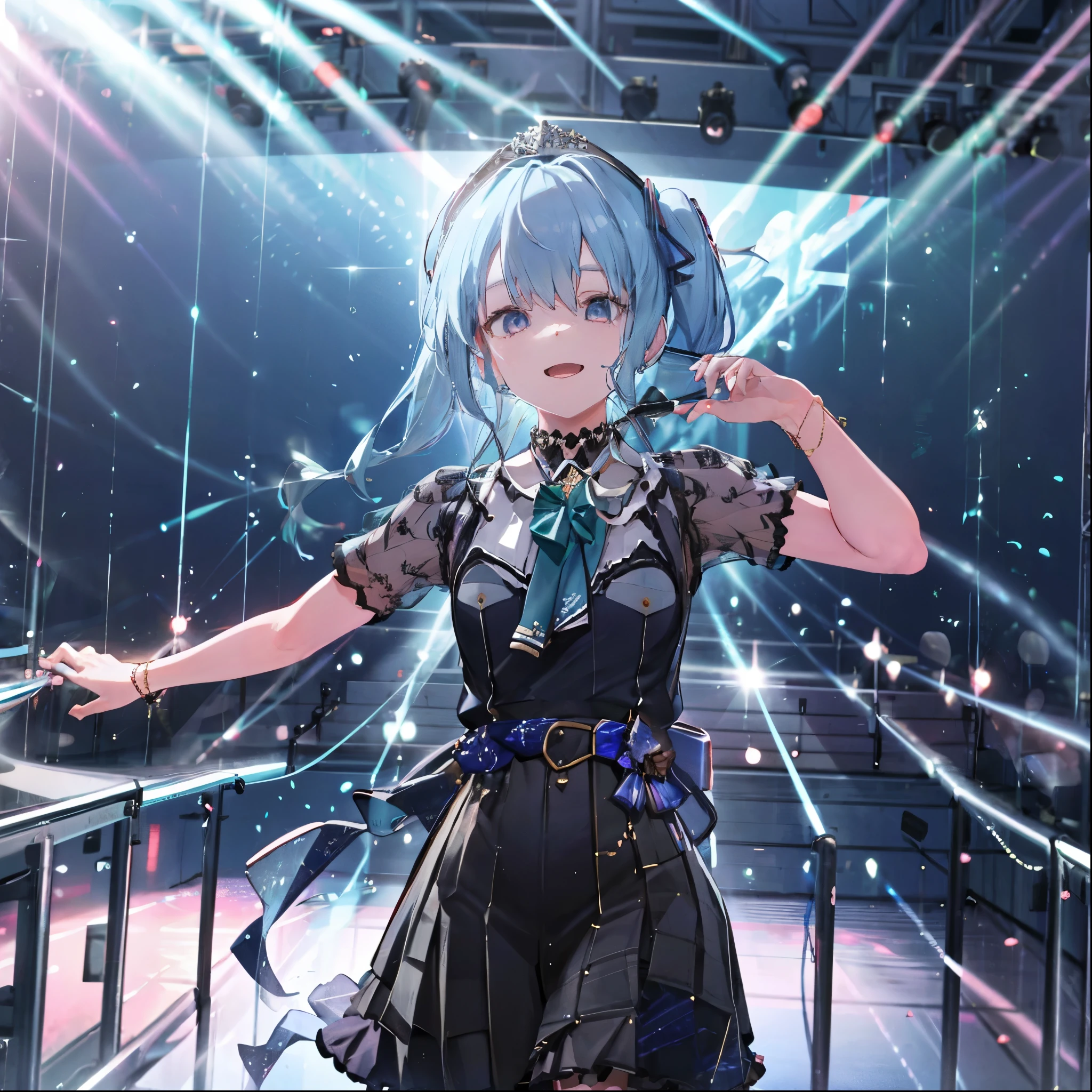 masterpiece, best quality, absurdres, 1girl, solo, Hoshimachi Suisei, light blue hair, blue eyes, happy, smile, parted lips, slender, sidelocks, sideponytail, toned, 
idol, idol clothes, hololive idol uniform, bowtie, blue skirt, brooch, dress, concert, on stage, frilled skirt, jewelry, layered dress, short sleeves, tiara, midriff, thighhighs,shout,(open_mouth:1.3),singing,(angry:0.6), (glare:0.6), idle_live,audience_landscape,light up_girl,solo,shiny_effects,smile。joy,happy,(slanted_eyes:1.3),navel,