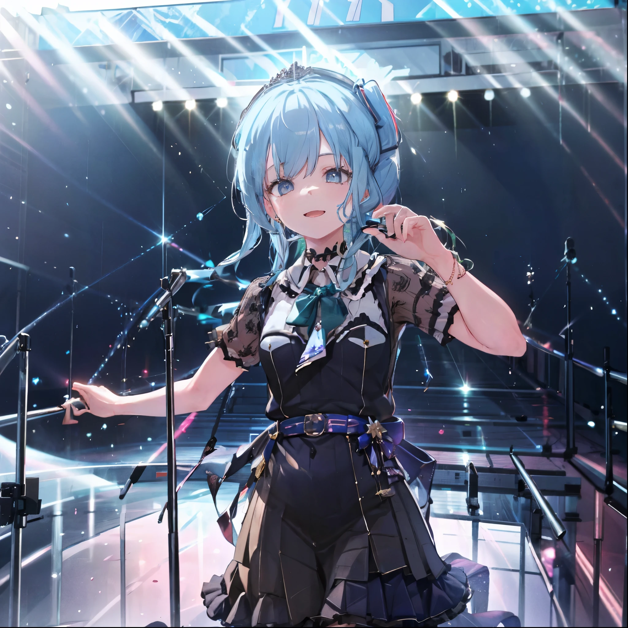 masterpiece, best quality, absurdres, 1girl, solo, Hoshimachi Suisei, light blue hair, blue eyes, happy, smile, parted lips, slender, sidelocks, sideponytail, toned, 
idol, idol clothes, ho****ve idol uniform, bowtie, blue skirt, brooch, dress, concert, on stage, frilled skirt, jewelry, layered dress, short sleeves, tiara, midriff, thighhighs,shout,(open_mouth:1.3),singing,(angry:0.6), (glare:0.6), idle_live,audience_landscape,light up_girl,solo,shiny_effects,smile。joy,happy,(slanted_eyes:1.3),navel,