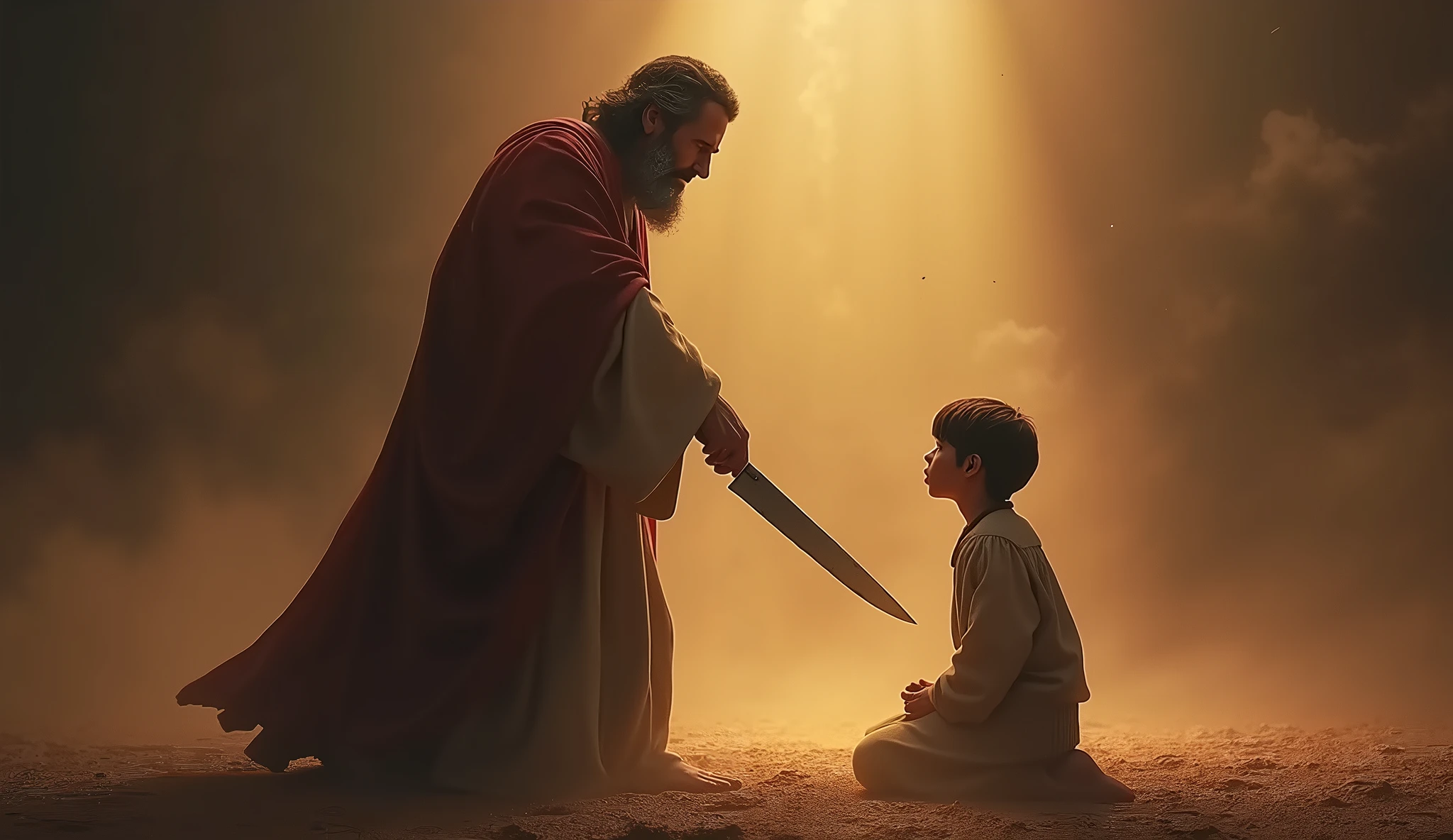 A boy who is bowing his head in front of angry sword man