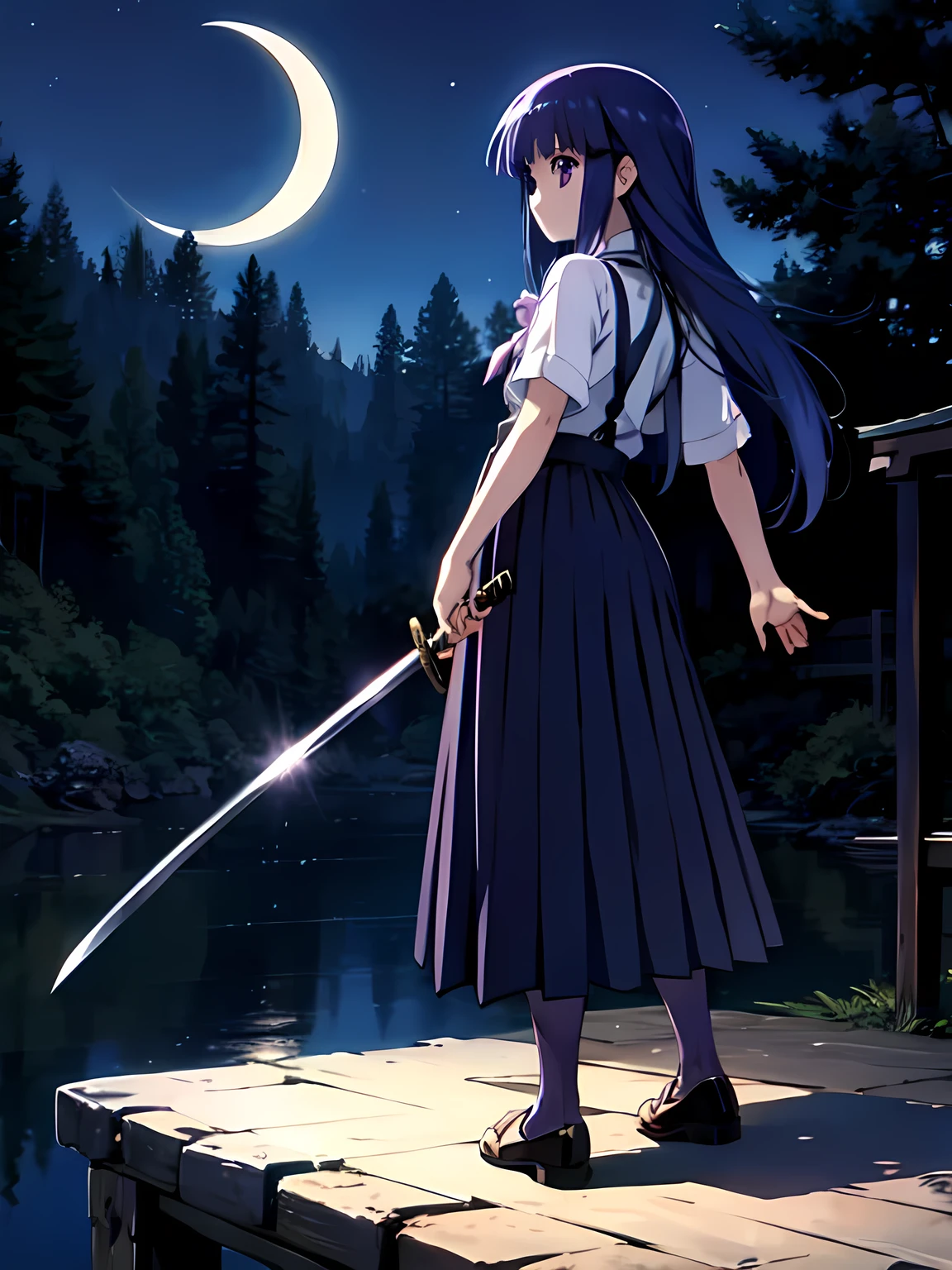 (( the pale light of the crescent moon with katana )), Furude Rika,  girl, Alone,  blue hair  ,  purple eyes,  white shirt  ,  pink ribbon ,  suspenders,  black skirt with katana ,  with the image of a woman holding Katana in the moonlight standing in a Japanese garden、It emphasizes the old-fashioned atmosphere and beauty 。