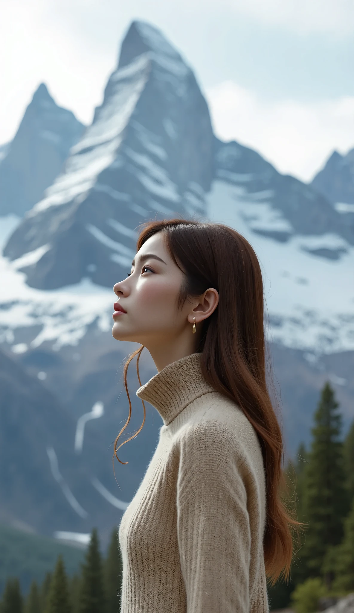 Best Quality,  absurd,  very detailed, In the mountains_this,  1 girl, Alone_concentrated, (((Staring at the top of the mountain :1.2)))、 please lower your hair、High neck knit、 beige knit