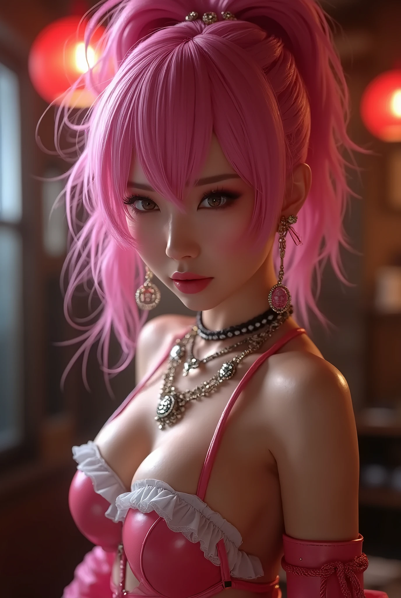 pink hair,masterpiece, highest quality, 8k, beautiful face,very detailed,超High resolution, realistic, High resolution, ,Lens flare, (top knot bun:1.5),(Same makeup for both eyes:1.5),perfect face,realistic eyes, detailed lightでg,dressed, detailed shadow, (closed my eyes:0.9),no makeup,((I can see your nipples)), ((erect nipples)), (Female dog),
