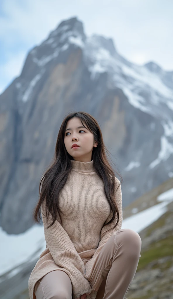 Best Quality,  absurd,  very detailed, In the mountains_this,  1 girl, Alone_concentrated, (((Staring at the top of the mountain :1.2)))、 please lower your hair、High neck knit、 beige knit