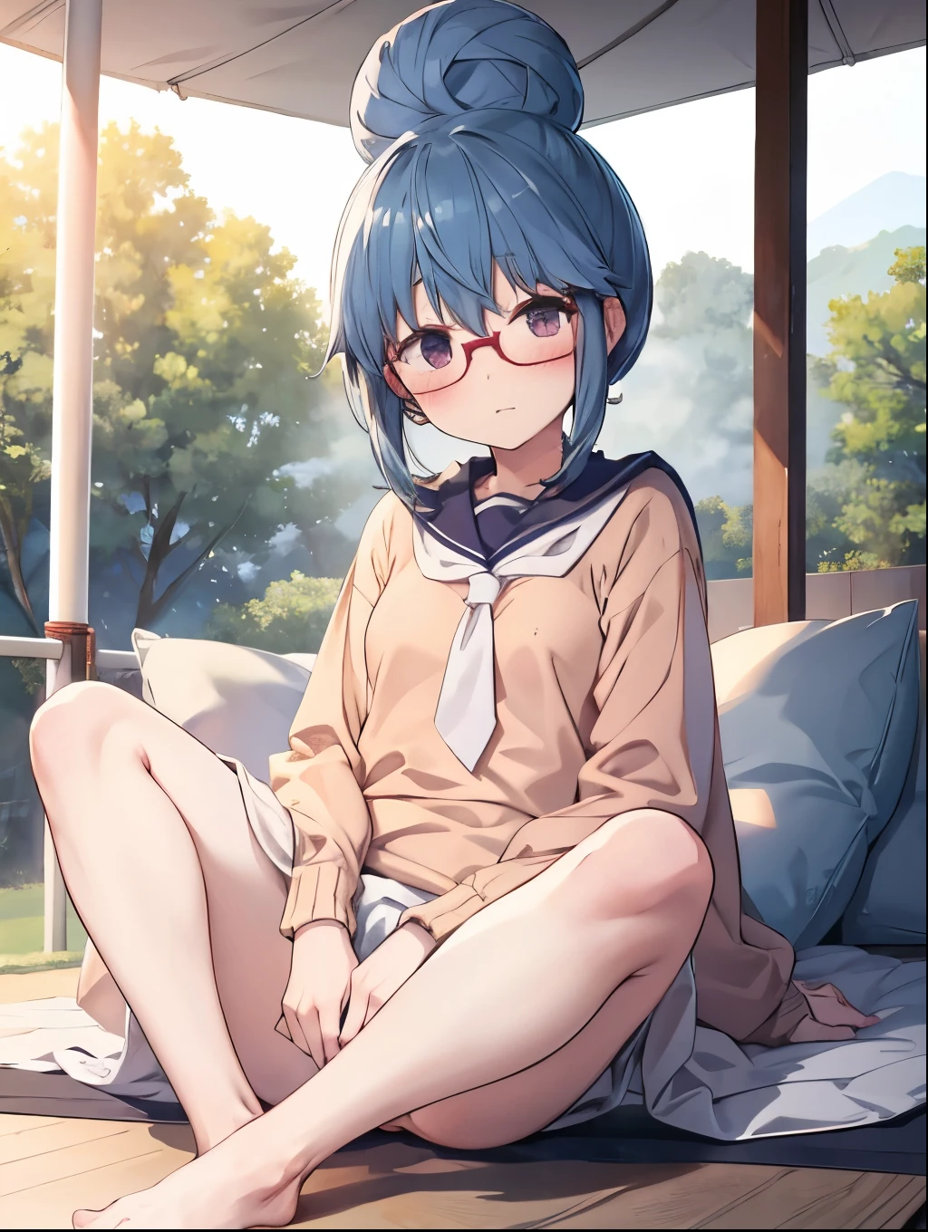 Shimarin, Bun Head,  Yurukan, whole body, throw, ,  small breasts, tent, Put glasses on your head, hot, blush,Sit down, ****, Open your legs nsfw