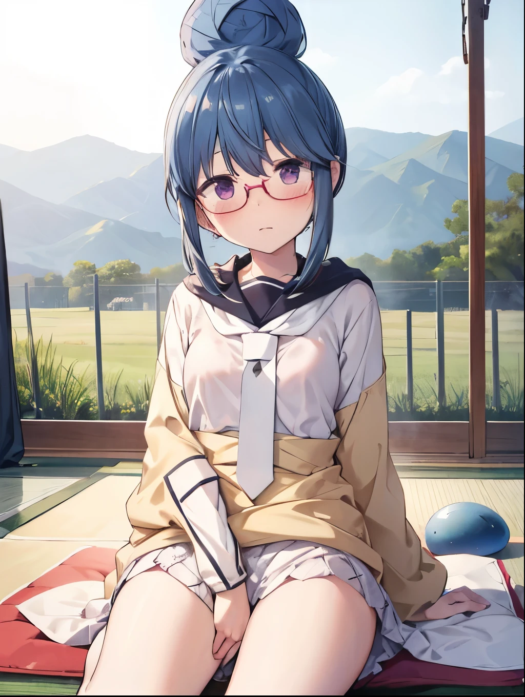 Shimarin, Bun Head,  Yurukan, whole body, throw, ,  small breasts, tent, Put glasses on your head, hot, blush,Sit down, ****, Open your legs nsfw