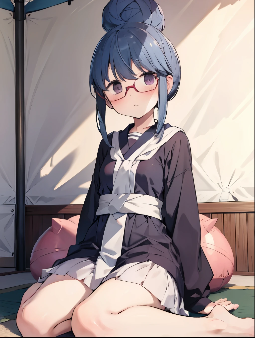 Shimarin, Bun Head,  Yurukan, whole body, throw, ,  small breasts, tent, Put glasses on your head, hot, blush,Sit down, ****, Open your legs nsfw