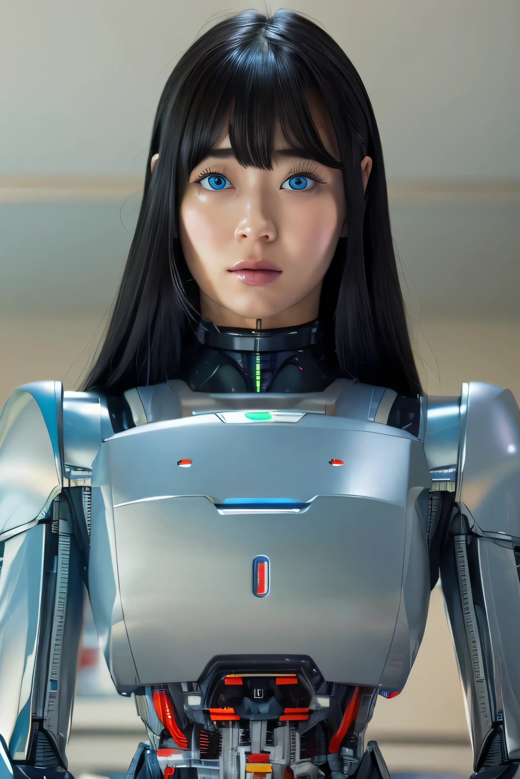 masterpiece, best quality, extremely detailed,Japaese Android girl,chubby,Plump , control panels,android,Droid,Mechanical Hand, Robot arms and legs, Black Robot Parts,Black hair,Mechanical body,Blunt bangs,White robotics parts,perfect robot girl,future information counter,reception,long tube,thick cable connected her neck,ceramic body ,mechanical body,android,robot,humanoid,cyborg,information office,japanese android receptionist ,mechanical chest,blue eyes
