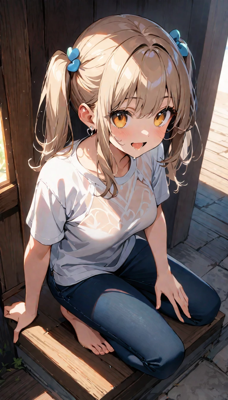 ((masterpiece)), (anime:1.3), ((Highest quality)), (RAW Photos:1.2), (Professional photography:1.3), (High resolution), (), 8K, Cinema Lighting, Disheveled Hair, (Exposed small breasts), Denim hot pants,(Pure white glossy hair),(Short hair with outward curls:1.3) ,(Healthy dark skin),A badly tattered and torn camisole, (Dirty oversized white camisole), Slim and small breasts, (PAW Pose),(Double teeth), (Open your mouth), Textured skin, Cat ear,Fluffy dog tail ,Light brown hair, Cute beautiful girl, break, ((Highest quality)), (Sitting at the end of an old pier), Slums,