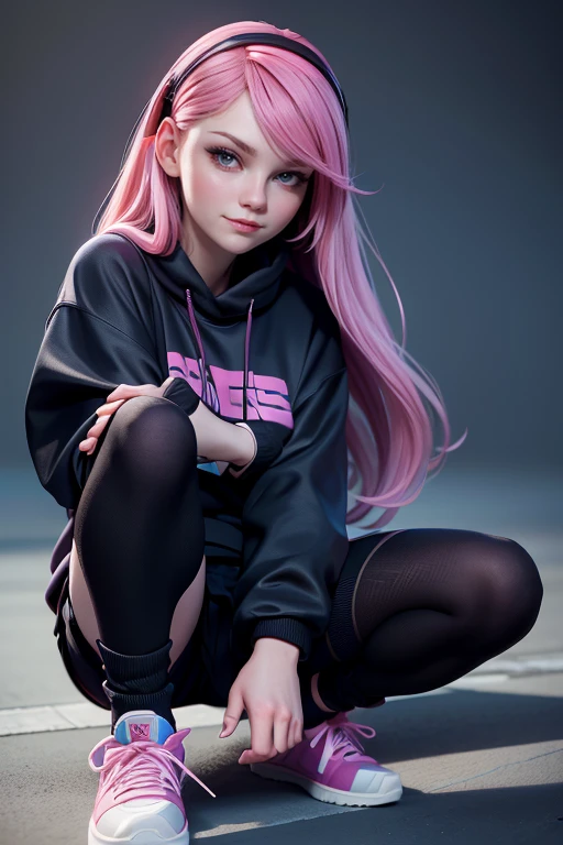 Mona pink haired girl,  blue eyes ,  seductive pose ,  seductive smile ,  looking at the spectator, hair band, black sweatshirt, AuriculAres,  black socks , sneakers, cyberpunk,  masterpiece , super detail,  lyrics,  natural lighting ,  sharp focus,  composition epic character. 