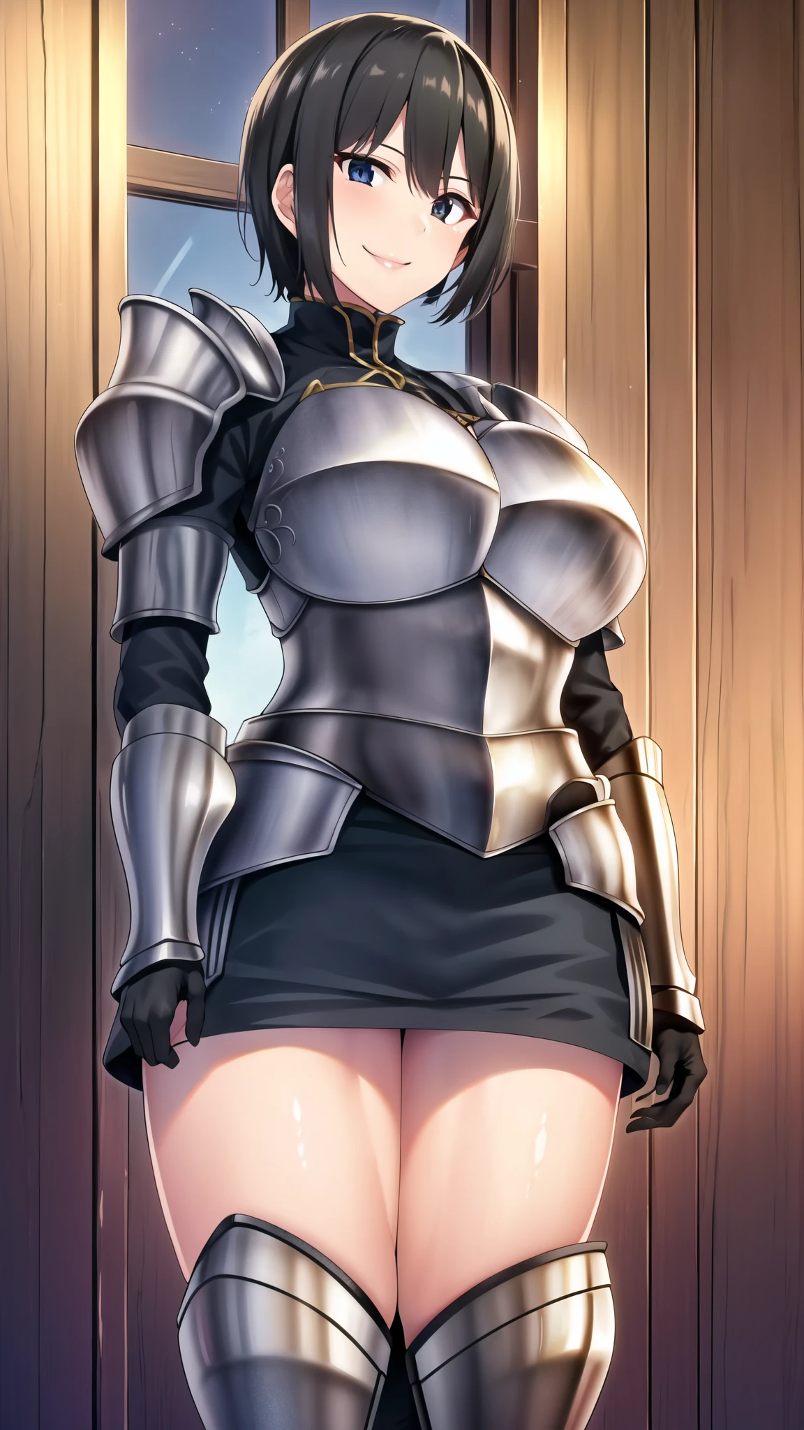 master piece, bLACK_eye, mature eyes, Japan, Tokyo, CityView, Before Window, Standing at attention, mature eyes, smile, armor, shoulder armor, armored, breastplate, black miniskirt, ((black skirt)), black thights, black_hair, Bangs, SHORT HAIR, 1 girl, LARGE breast, , 4k, narrow waist,