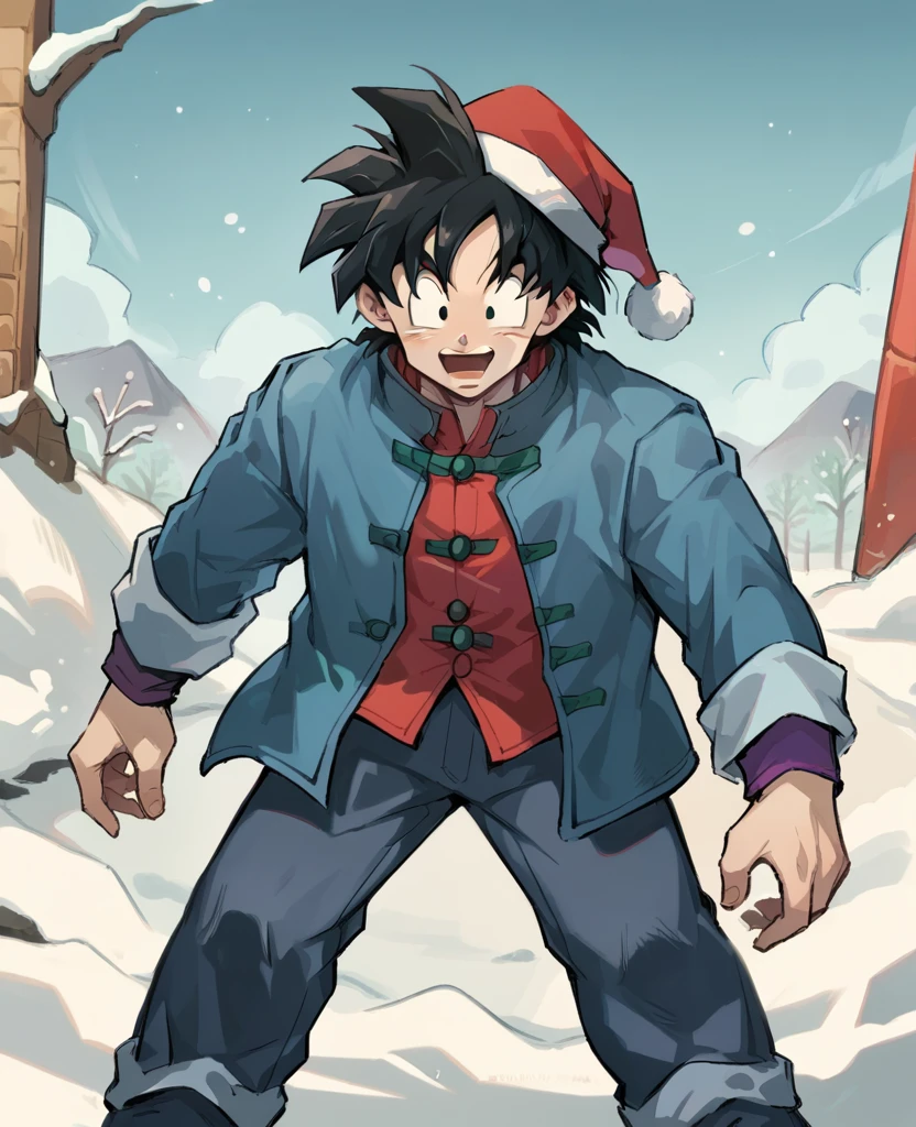 Happy boy in the snow, the boy has messy black hair, black eyes, is muscular, looks like Goten from Dragon Ball and wears a blue coat and a Santa Claus hat.