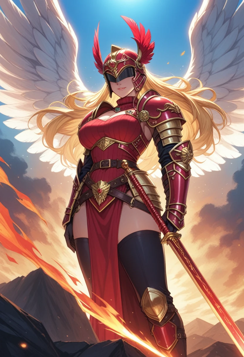  The best quality,  lonely mature woman , many curves, seductive,  scar on the right eye, corona de flores, Warrior girl wearing crimson helmet , closed helmet, helmet covering your mouth, winged helmet, winged helmet, Spartan helmet, winged helmet a los costados, Gold jewelry, goddess, big white wings , long golden hair,  long hair ,  hair is blonde and long in size reaching only the base of the neck it is quite messy and has a somewhat pointed appearance,  although she is mostly combed backwards , some fringes hang on his forehead , red eyes, in his left hand he holds a burning spear,  wears full crimson armor , wearing full armor ,  a human warrior Valkyria ,  raising her sword in the middle of her face , eyes on fire, Eyes covered in fire, shining eyes, Flaming sword ,  girl turning her back, Cover face ,  girl turning her back,  anime girl not looking at the camera,  girl looking forward , don't show your face ,  girl turning her back,  cover face ,  full body wool sweater,  flying in the sky .