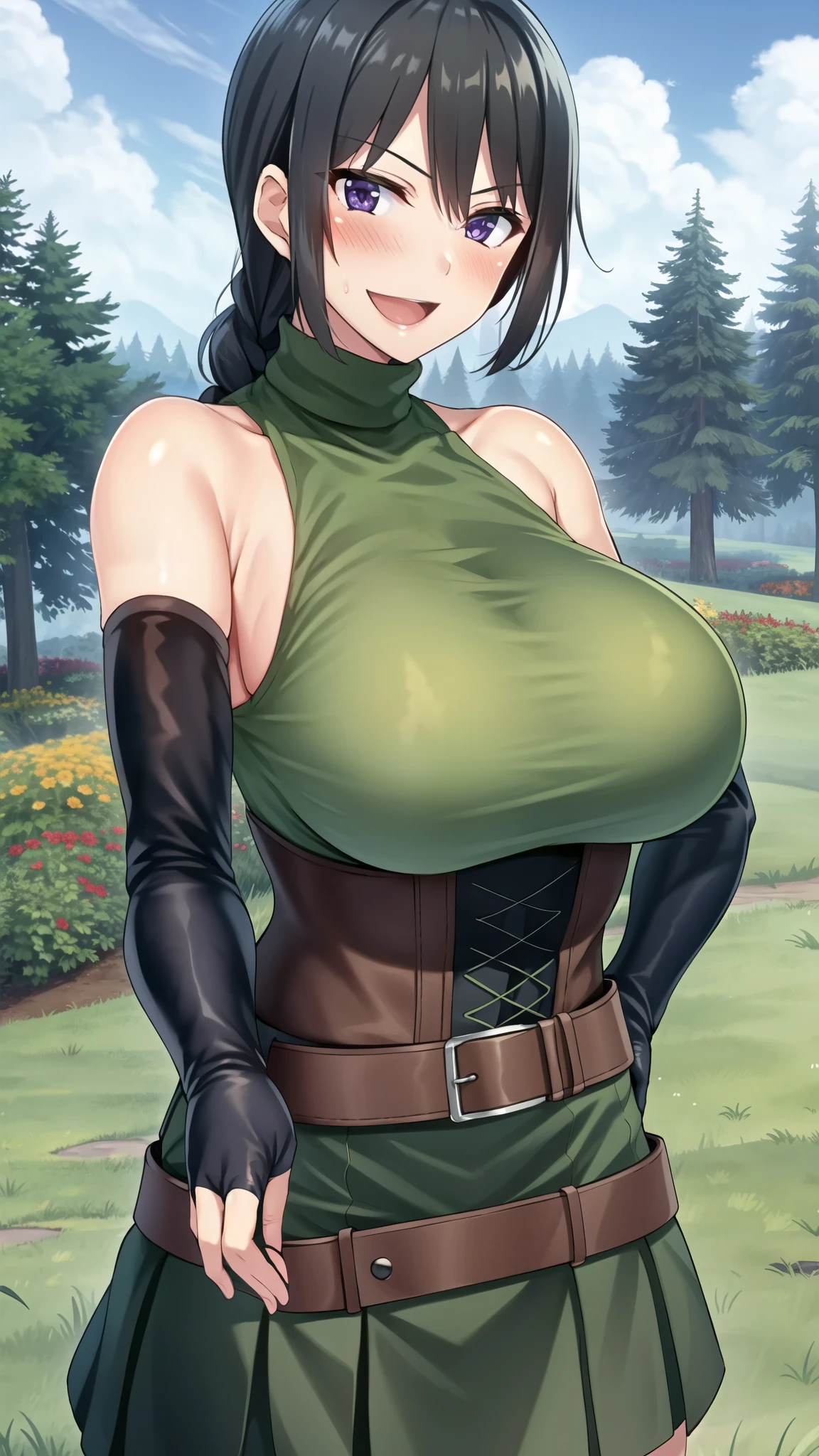 master piece, aroused, in heat, blush, 1girl, solo, long hair, looking at viewer, :d, blush, black skirt, belt, boots, weapon, large breasts, greEn shirt, outside, sky, forrest, plains, grass, sunny, black hair, gloves, bare shoulders, purple eyes, breast corset, opened mouth, upper body, braid, mature eyes, sleeveless, black gloves, elbow gloves, sweater, , , turtleneck, leather corset, hand on hip