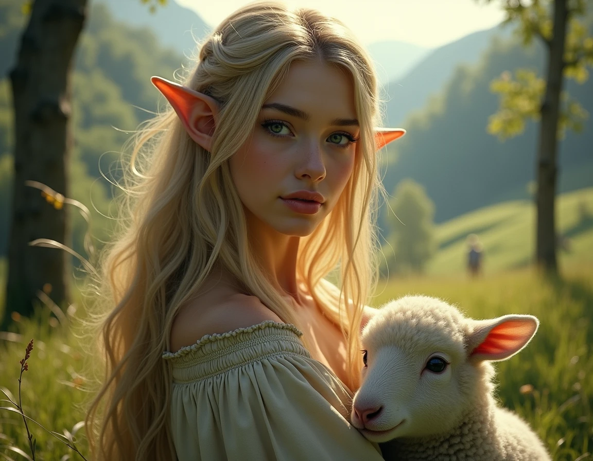 Surreal nude portrait of a humanoid figure with a stylized head, artistic sheep, complete with detailed, Curling Horns, standing right on a green serene field. Ideal female body, topless, depicted in realistic style. The scene should evoke a sense of whimsical fantasy with a hyper-realistic art style., focusing on the contrast of textures between human fur and skin.