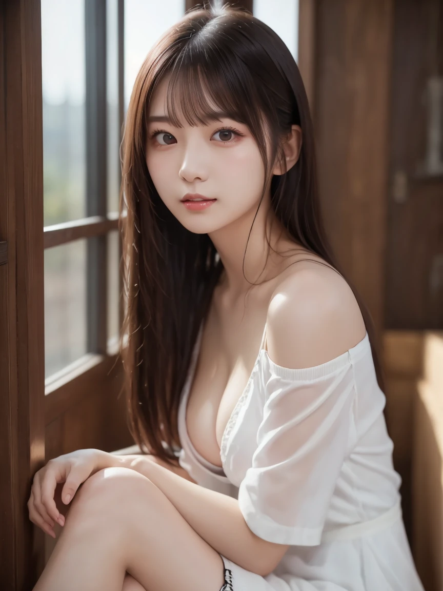  white shirt 、 complex and beautiful eyes、woman、 womanらしい黒髪、(Long and beautiful legs : 1.5), (Mysterious One Piece : 1.6), skirt、(Delicate and realistic hair、１Realistic hair)、bangs、 natural colored lips、(smile : 1.1)、((White Indoor))、((18歳woman:1.2))、 young and adorable Japanese face wrapping a rope around their legs,  official art， very detailedなCGユニティ8Kの壁紙，（masterpiece:1.0),(Best Quality:1.0), 超 high resolution on down,4K, very detailed, photo shoot, 8k,  NFFS W ,  high resolution on down,  Kodak Portrait 400 ,  film grain,  lens flare glow ,高いest quality,8k, NFFS W :1.2),  Portrait Shot ,8k、 viewer, (((Front View))), (((Front View))), ((facing))、 body facing forward、Bold cleavage、 tight chest、 small face, Best Quality、 Super beautiful images、stand up