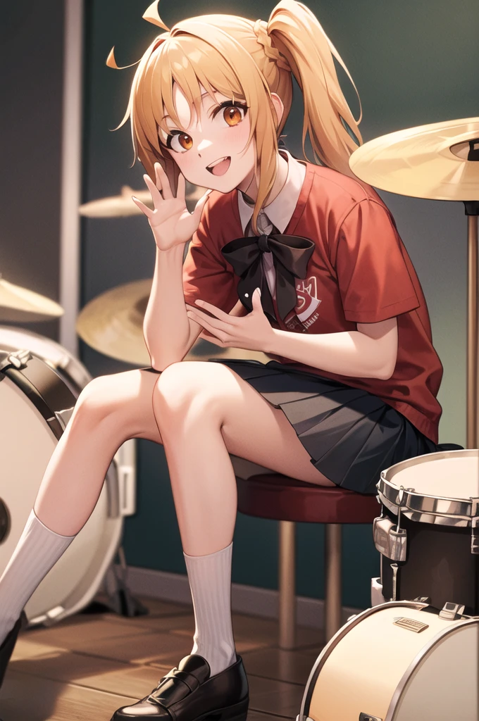 masterpiece, best quality, highres, in1, side ponytail, long hair, ahoge, red shirt, school uniform, orange skirt, short sleeves, black bow, black socks, sitting, drum set, drum, waving, smile, upper teeth, 