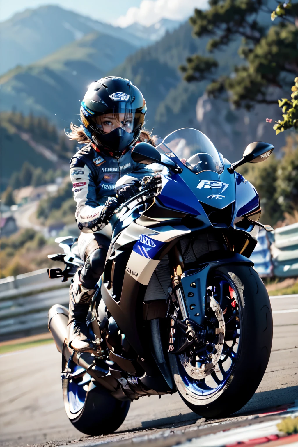 Yamaha YZF R1M, The Racer Girl, best quality, Ultra Wide Angle, small breasts,  Brown Skin, wearing Alpine Star racing boots,ロスマンズカラー