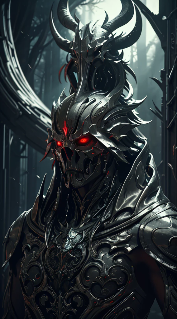 masterpiece, absurdres, best aesthetic, ultra-detailed, solo, looking at viewer, 1boy, male focus, hood, purple eyes, mask, glowing, portrait, glowing eyes, hood up, science fiction, skull, humanoid robot, black skull mask, long white hair, cyberpunk, dark theme, sharp teeth, devil horns
<lora:cyberpunk_manic:0.7>