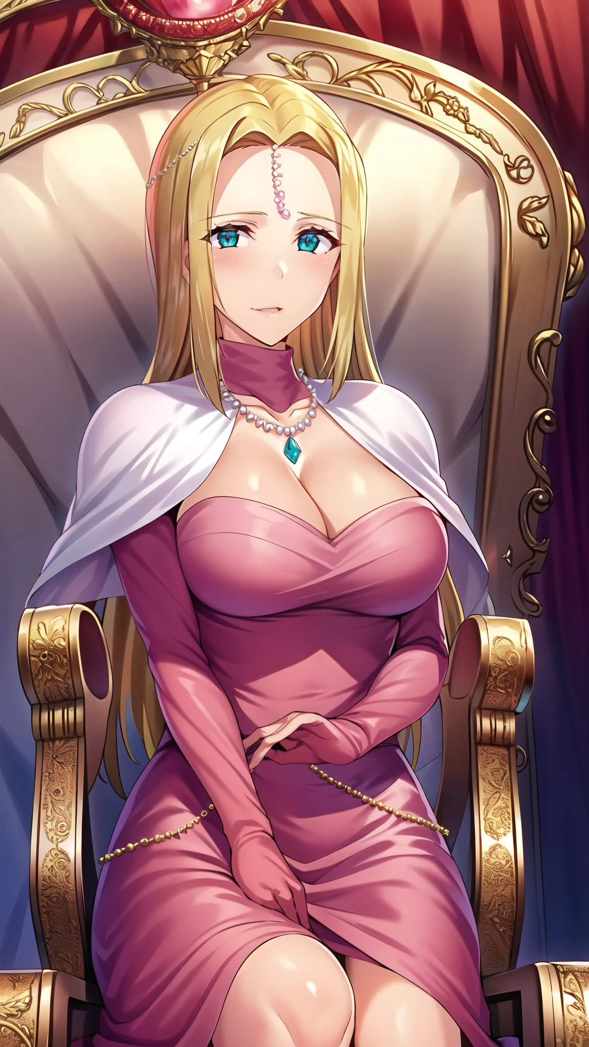 (solo), 1girl, mature female, SITTING in a Throne with a gold frame, cleavage, pink_dress, gloves,white capelet, jewelry,pearl_necklace,gem, blonde_hair,long_hair, forehead,parted_bangs, parted_hair, aqua_eyes,mature female,
