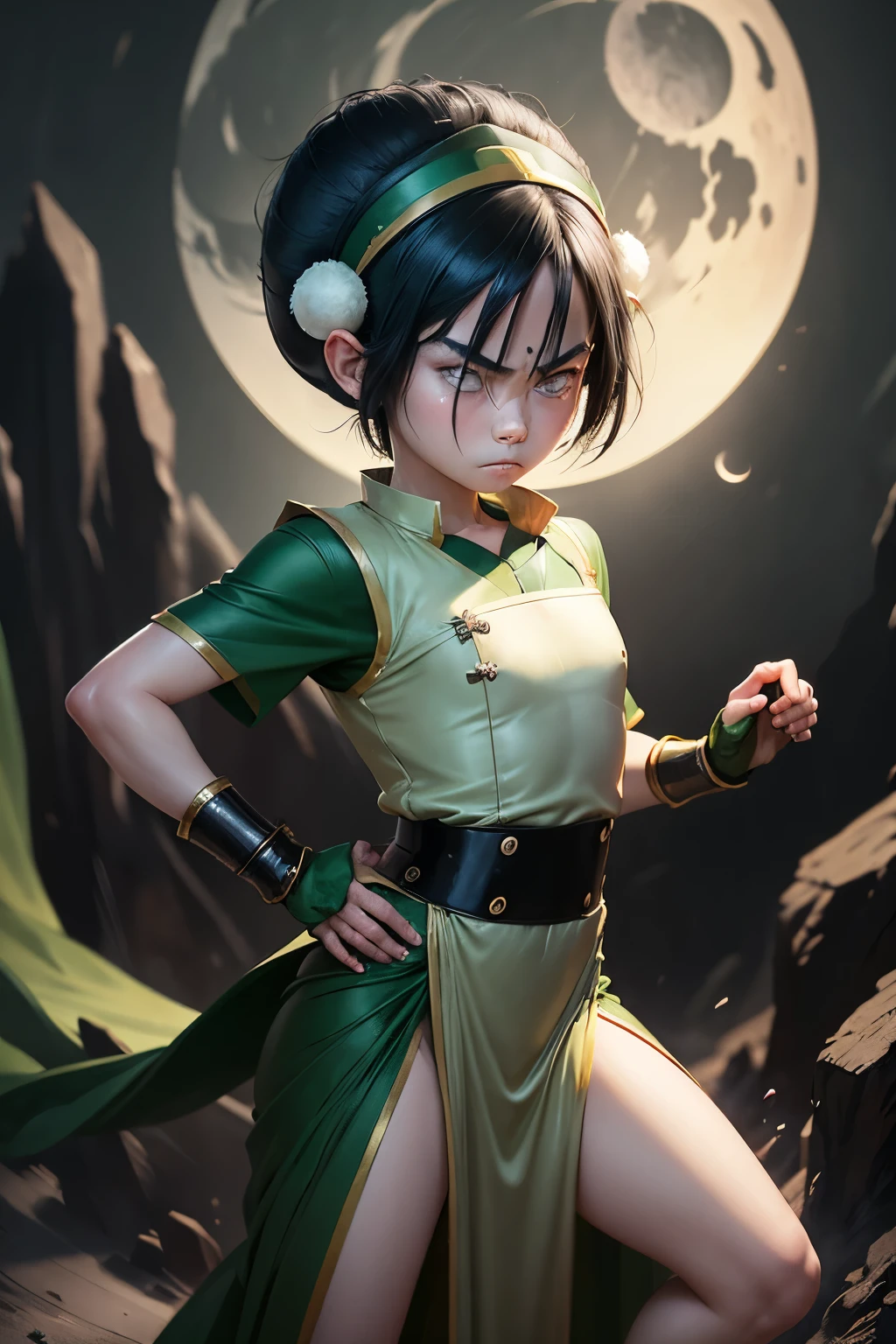 Ultra detailed ,beautiful  , delicada ,Toph beifong nine years old ,blind eyes ,  small girl ,japonese  girl ,1girl , flat chest , green  clothes , china dress,  pelvic curtain, Black hair, blind ,angry face ,night moon  background ,Beautiful face.  , standing . Kung-fu  pose 