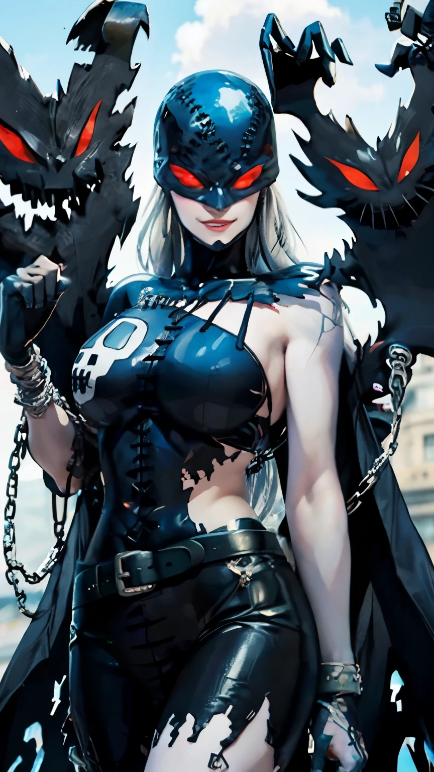  Ultra detailed,  masterpiece ,  The best quality , Alone, COWBOY SHOT,  seductive smile , and hither ,  hand on her own face, 
 animated_LadyDevimon_digimon_, www..,  digimon \(creature\), red eyes, long hair,  Big breasts, colored skin, belt, claws, fists, alas, shackles, Gloves, stringed, neck, handfists, broken string, string, ,BEAUTY HOT VOLUPTUOS 