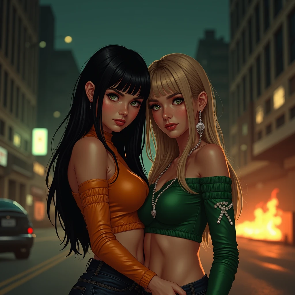Characters Na Ritchie Black Hair Style Morticia Addams Cartoon Female Image .cartoon style illustration, Cartoon art style, Cartoon art style, Digital illustration style, Highly detailed character designs, Digital Art Details, City Fan Art, Portrait design, Beautiful digital illustration, High quality portrait, Comic Art, young man expressing sexual desire. Beautiful round breasts，a happy expression ，Extra large breasts，Sisters，One of them has blond hair