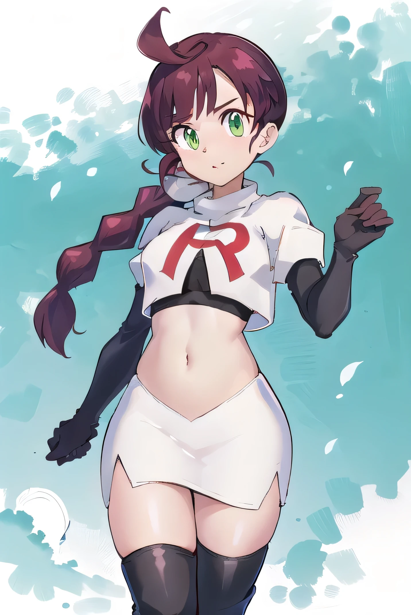 masterpiece, best quality, highres,green eyes,chl1, 1girl, braided_ponytail, (ahoge:1.1), eyelashes, team rocket,team rocket uniform,white skirt,red letter R,crop top,black thigh-highs,black elbow gloves, navel focus, sexy navel, deep navel, belly button play