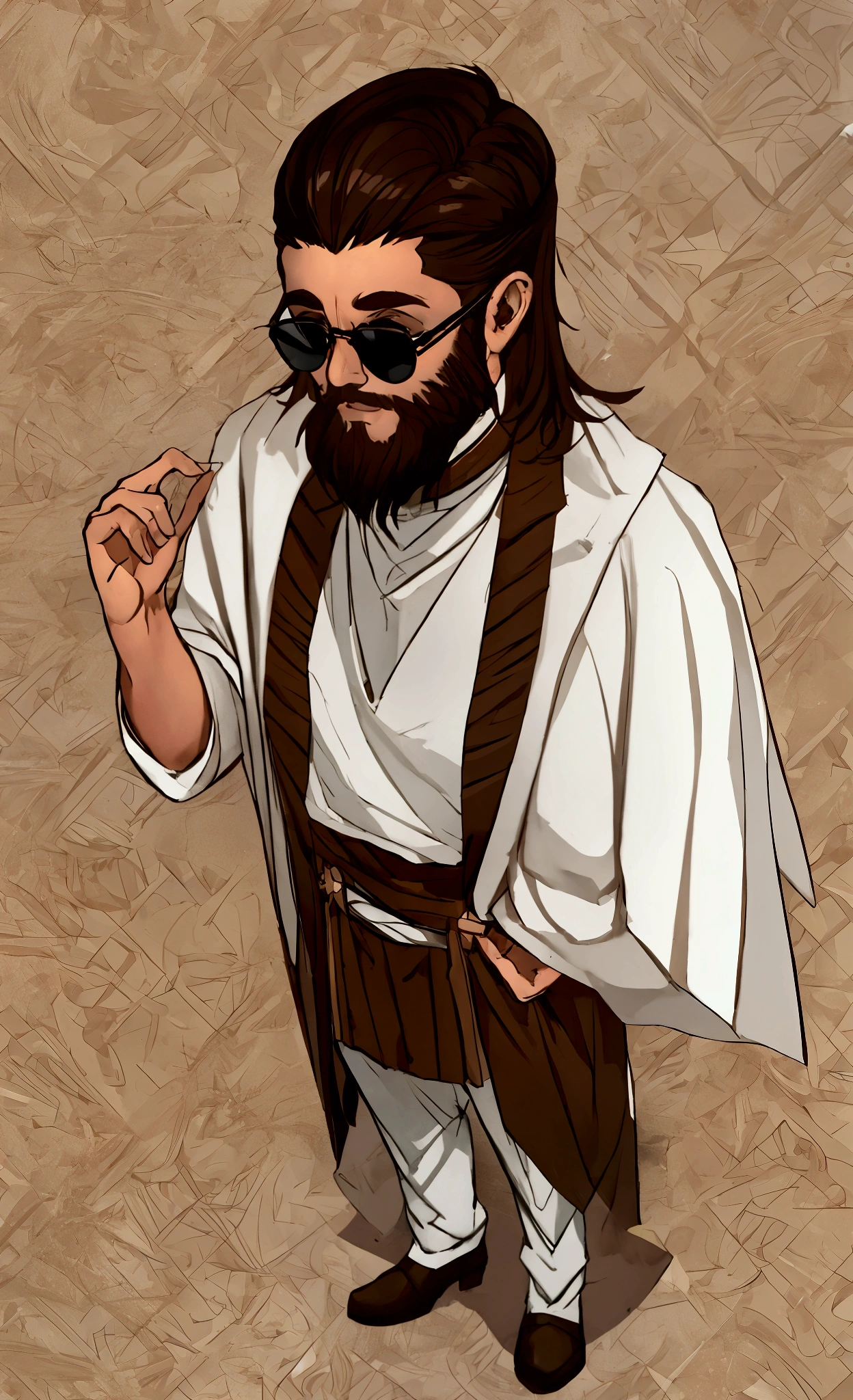 Priest , Young,  big brown hair outfit, short beard,  dark glasses , white pele