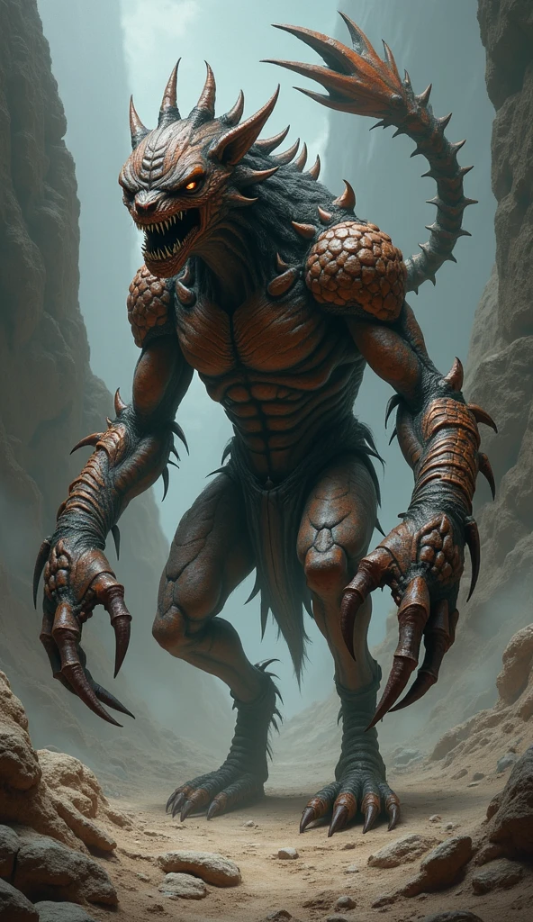 A massive, horrifying jaguar fused with a zombie, towering like a mountain, its body brutally affected by a virus that has left it in a state of decayed, monstrous terror. The creature's flesh is rotting, with exposed bones and tattered skin hanging from its muscular frame. Its eyes glow with an eerie, sickly green light, and its mane is tangled and matted with blood. The lion's teeth are jagged and broken, yet still sharp enough to tear through anything in its path. It stands menacingly in a desolate landscape at dawn, where the sky is a blend of ominous red and orange, casting long, dark shadows that make the scene even more terrifying. The air is thick with the stench of decay, and the ground beneath the lion is cracked and barren, as if scorched by the presence of this nightmarish creature. The dawn light makes the scene feel like judgment day, amplifying the dread and horror of this apocalyptic moment. 