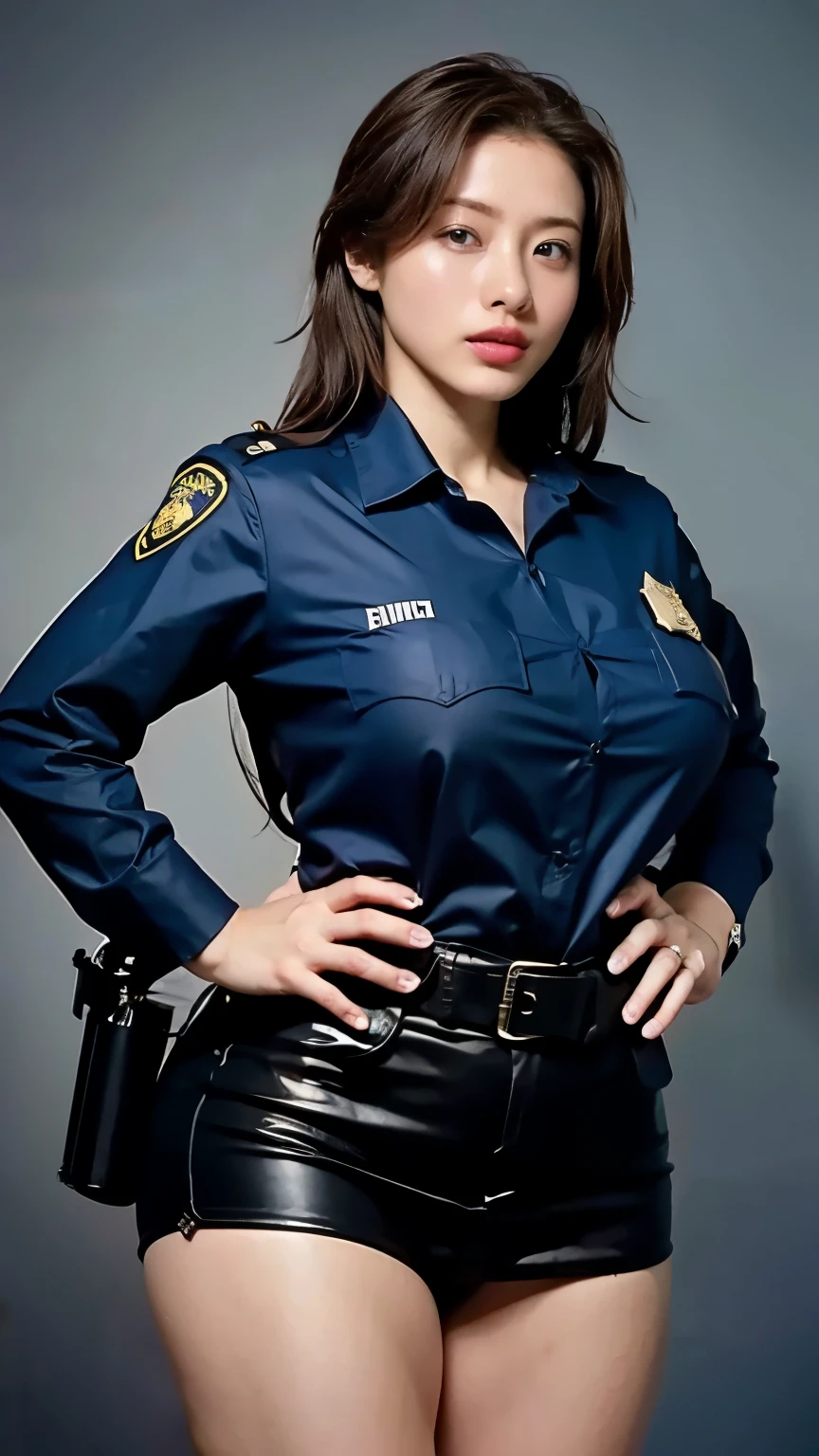 An innocent 20-year-old girl、((Police Girl, Sexy police uniform, skirt, Cute and elegant, Dramatic Pose)),nightの街の背景,Shortcuts、RAW Photos, (8k、Highest quality、masterpiece:1.2)、((Shiny skin 1.5)),(Intricate details:1.4)、(Realistic:1.4)、Octane Rendering、Complex 3D rendering with ultra-detail, Studio Soft Light, Rim Light, Standing posture,Sharp details, Super Detail, detailed aspects, Beautiful details in the eyes, Highly detailed CG Unity 16k wallpaper, Compensate, (Detailed Background:1.2), Glowing Skin, whole body,Hands down、Spread your legs, Black Hair, Sexy police officer in uniform, night, Facial details, from the front, Ready your gun?, refer