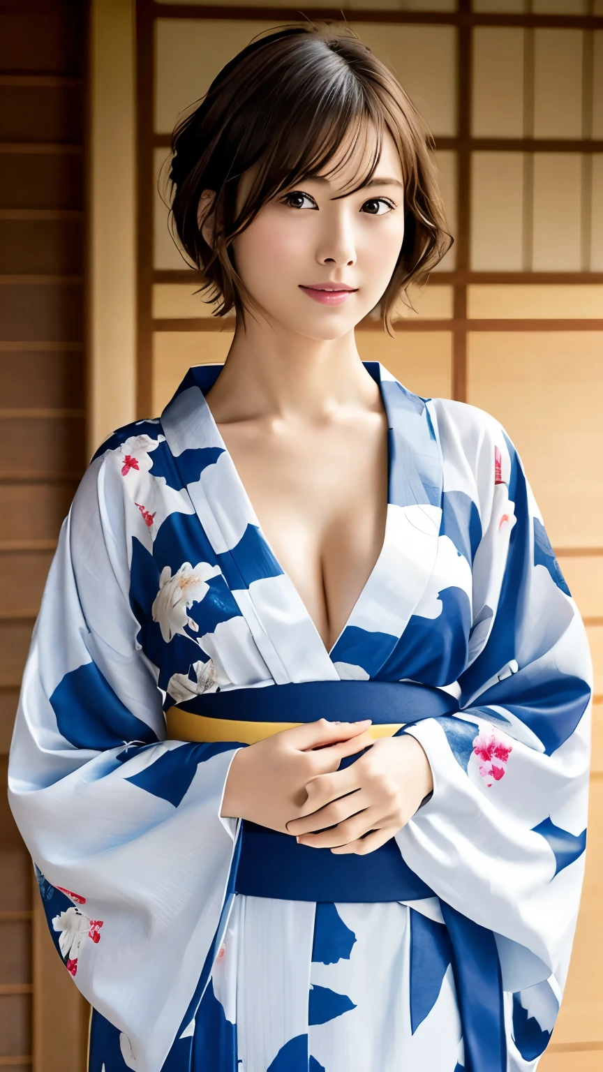 masterpiece、Highest quality、High resolution、Tabletop、wallpaper、Realistic、Bright lighting、Professional Lighting、Face Light、Smooth lighting、Japanese women、Adult female、Beautiful woman、、Modeled、gravure、sexy、so beautiful、Beautiful Skin、Beautiful and exquisite、Detailed face、slim、、Cleavage 、short hair、Brunette colored hair、Brown eyes、Looking into the camera、Japanese Kimono、Japanese Yukata、hot spring、smile
