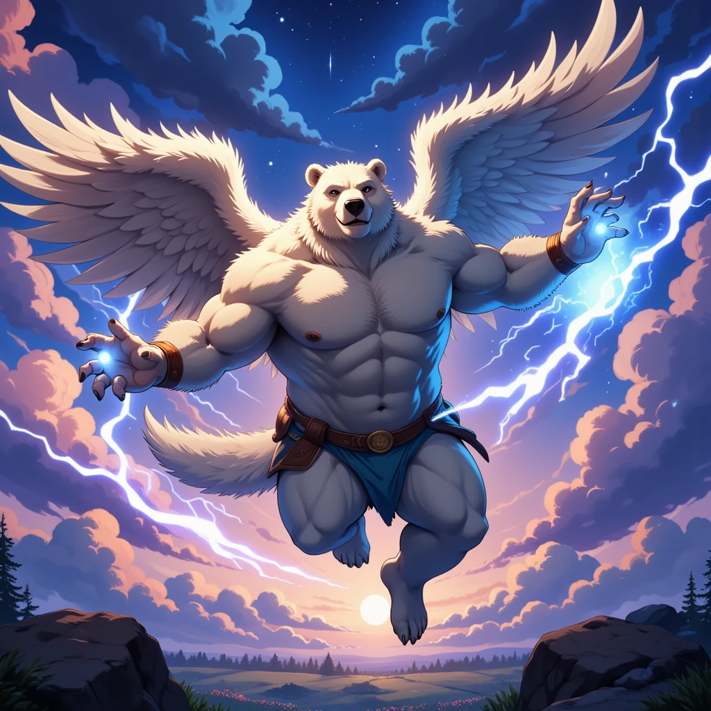 character focus, full body, looking away, dynamic angle, SFW, angel, a muscular middle-aged polar bear man, angel wings, happy, light smile, costume clothes, armor, shirt, loincloth, rushing wind, hold with both hands casting thunder magic, flying, spinning fly, dynamic pose, BREAK complete anatomy, perfect proportions, beautiful thigh gap, fluffy body, intricate fur details, beautiful fur texture, BREAK a detailed bear tail, detailed toe, 5toes, 5toes nails, beautiful foot, detailed hands, 5fingers, 5fingers nails, BREAK cute face, aesthetic anime face, insanity detailed face, male face, big face, square jawline, aesthetic anime eyes, detailed brown eyes, detailed brown cornea, detailed dark brown irises, detailed pupils, male eyes, big eyes, male eyebrows, innocent look, beautiful beard, BREAK full body in Michelangelo Buonarroti style, digital illustration anime, housamo style, detailed painting landscape, twilight, kaleidoscopic swirls, france, outdoor, full body, HDR, BREAK masterpiece, official art, best quality, very aesthetic, absurdres, super fine illustration, great quality, BREAK noise reduction, very highres, large filesize, high quality, 32K, 8k wallpaper, dynamic lighting, BREAK insanity detailed, ultra detailed, intricate details, extremely detailed, detailed texture, an extremely delicate and beautiful, BREAK osukemo, e621 illustration, kemohomo, anthropomorphic, furry, cartoon, harmonious body, pastoral face, virtuous eyes, epic atmosphere