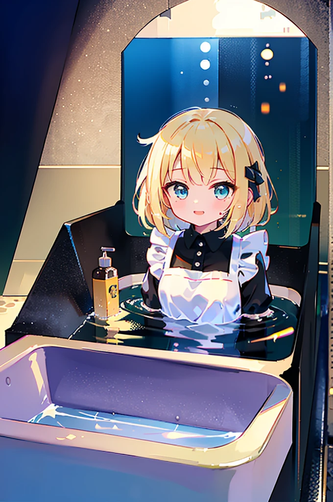 (4K,  super high quality, masterpiece:1.2),  super high resolution, One person,  girl, cute, Blonde, Blue Eyes, Small breasts,  maid clothes,  black dress,  White Apron ,  white and black apron dress ,  Katyusha,  Blue Ribbon , Bathroom, Bathtub, Taking a bath, My clothes are still ,  soaked in water up to my chest, Submersion,  large amount of water droplets all over the body, Water drops on clothes too , soaked,  like a , Bright smile, Water drops dripping, 