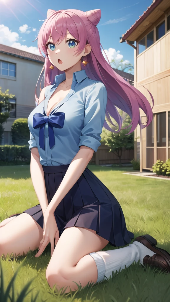 masterpiece, best quality, highres, aaakari, long hair, cone hair bun, earrings, medium breasts, cleavage, blue shirt, blue bow, shoulder cutout, pleated skirt, blue skirt, loose socks, loafers, :o, wariza, grass, building,