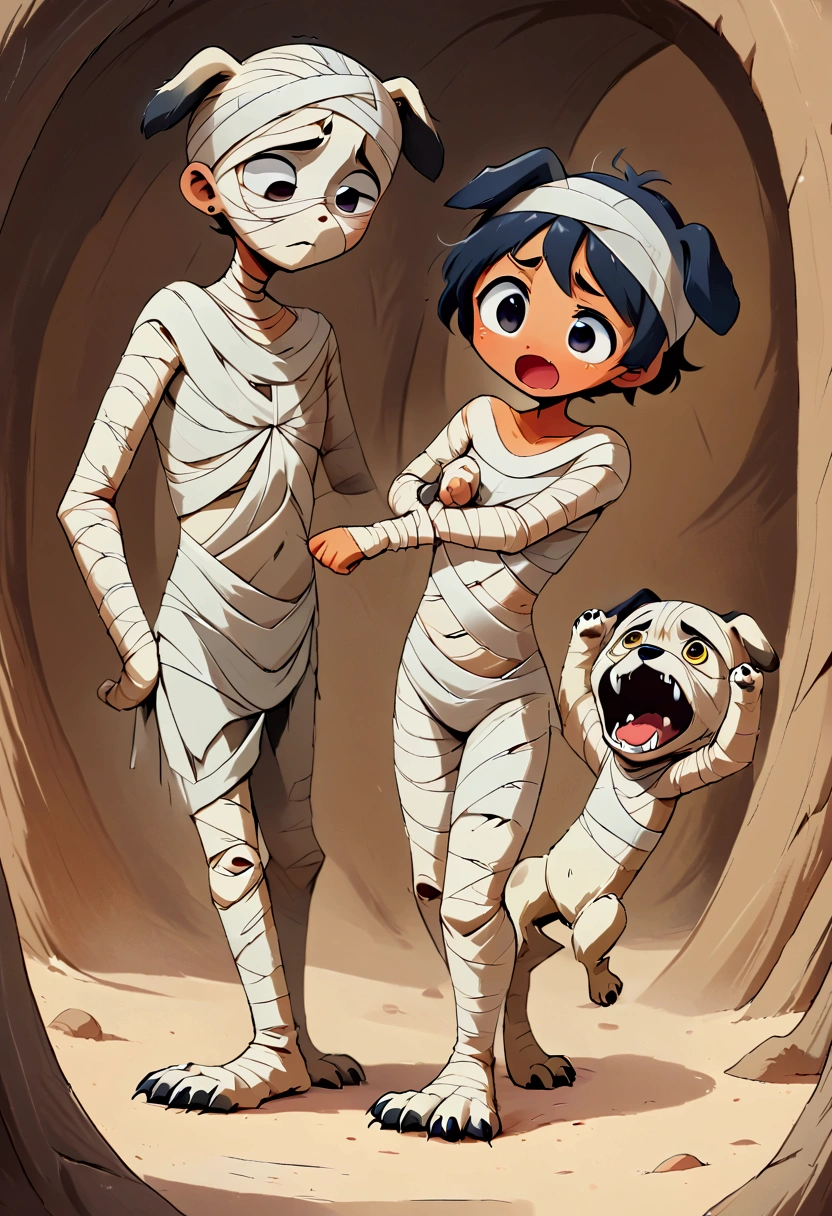 ((２D Manga  , 2D,  2D Illustration )), ( Human Mummy and Quadrupedal Dog's Mummy , (dog:Quadrupedal)), (The mummy man\ full body bandage:1.5,\ sandy beach,\ eye part visible \The face is black\Round white eyes ), Notice your feet ,  expression you notice ,   Full Body Bandage's Cute Dog \((Quadrupedal))\(dog holding a mummy man's ankle bandage:1.5, holding a bandage), (A dog is holding a human mummy's ankle bandage:1.5),  inside of a labyrinth , underground:1.3, indoor:1.3, Egyptian style :1.5,  comical art 