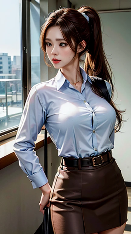  ponytail,((teacher, Adult female))), Alone, Brown Hair, business skirt suit , shirt, (View your audience), anger, brown skirt with belt,