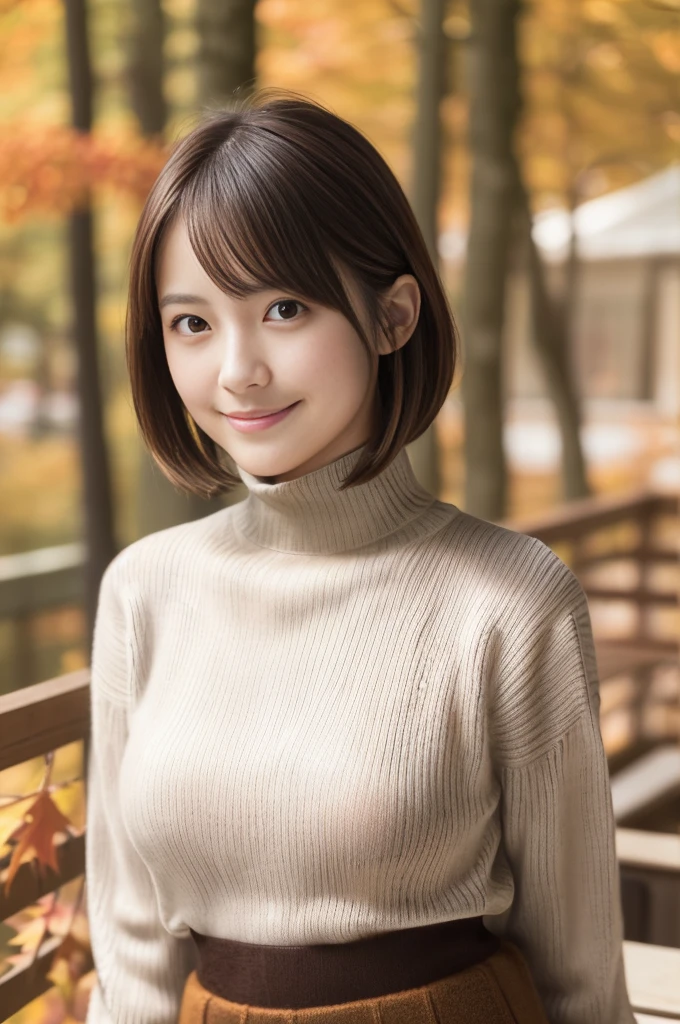 (8k, RAW photo, photorealistic, HQ, masterpiece), a cute Japanese woman, (glowing eyes), 
(shy Smile), brown hair, very short bob, (Autumn Stylish clothes), (turtleneck wool sweater:1.4), (skirt:1.4), large breasts, (Autumn cafe terrace in the forest), 
blurred background, depth of field, natural lighting, backlighting, face lightning, 