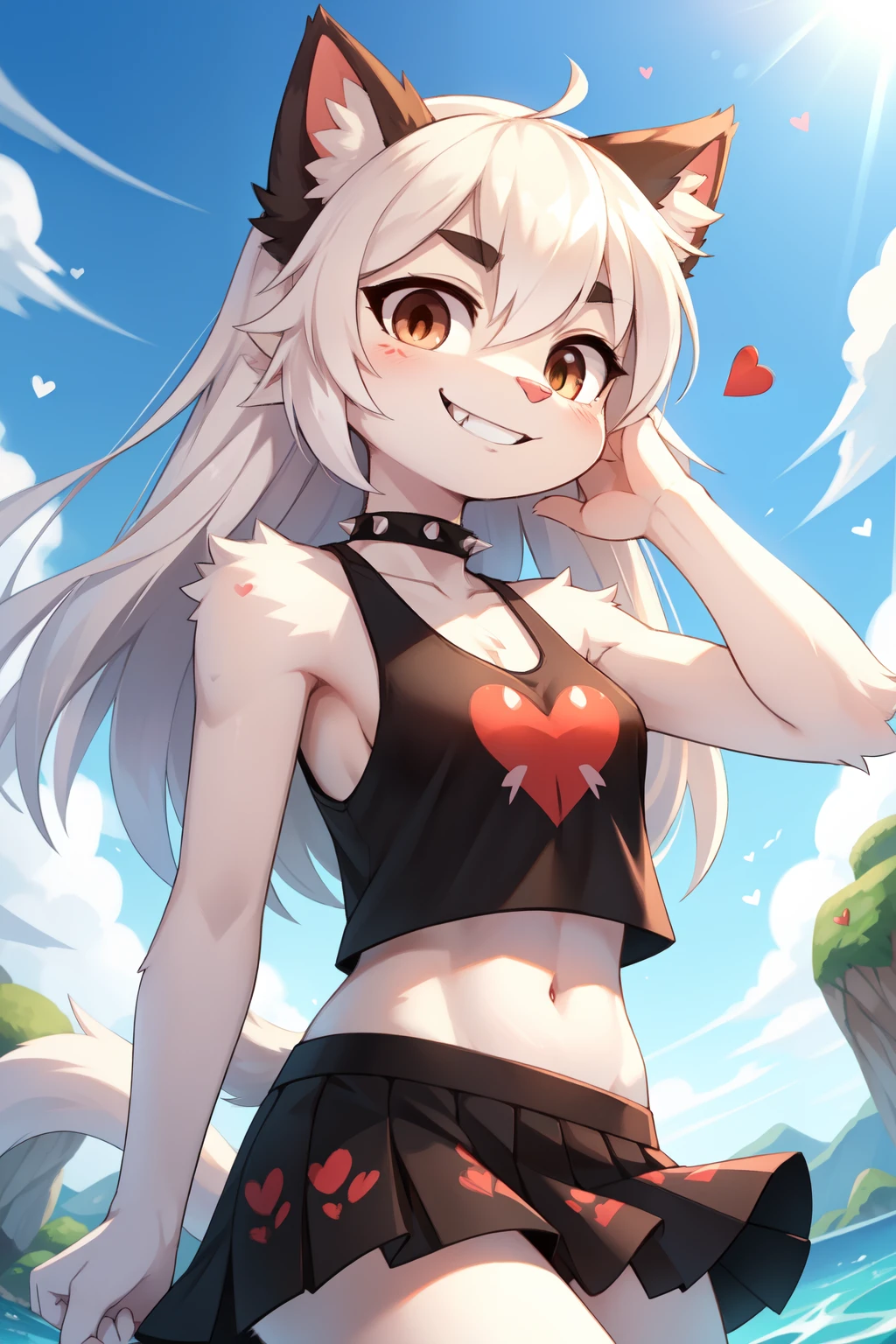 best quality,best resolution,(fluffy anthro furry :1.6),(young :1.6),light grey cat girl, small breasts, pink eyes, glowing eyes, white long hair, wavy hair,messy hair,white cat ears, heart collar, grey bracelet, sunglasses, sakura hairpin, skirt, huge sakura pond, sakura garden, sunbeam, sakura petals floating in the wind,sparkling eyes,glistering eyes,playful face,naughty pose,smirk, martial arts pose, flowing water, bralette,
